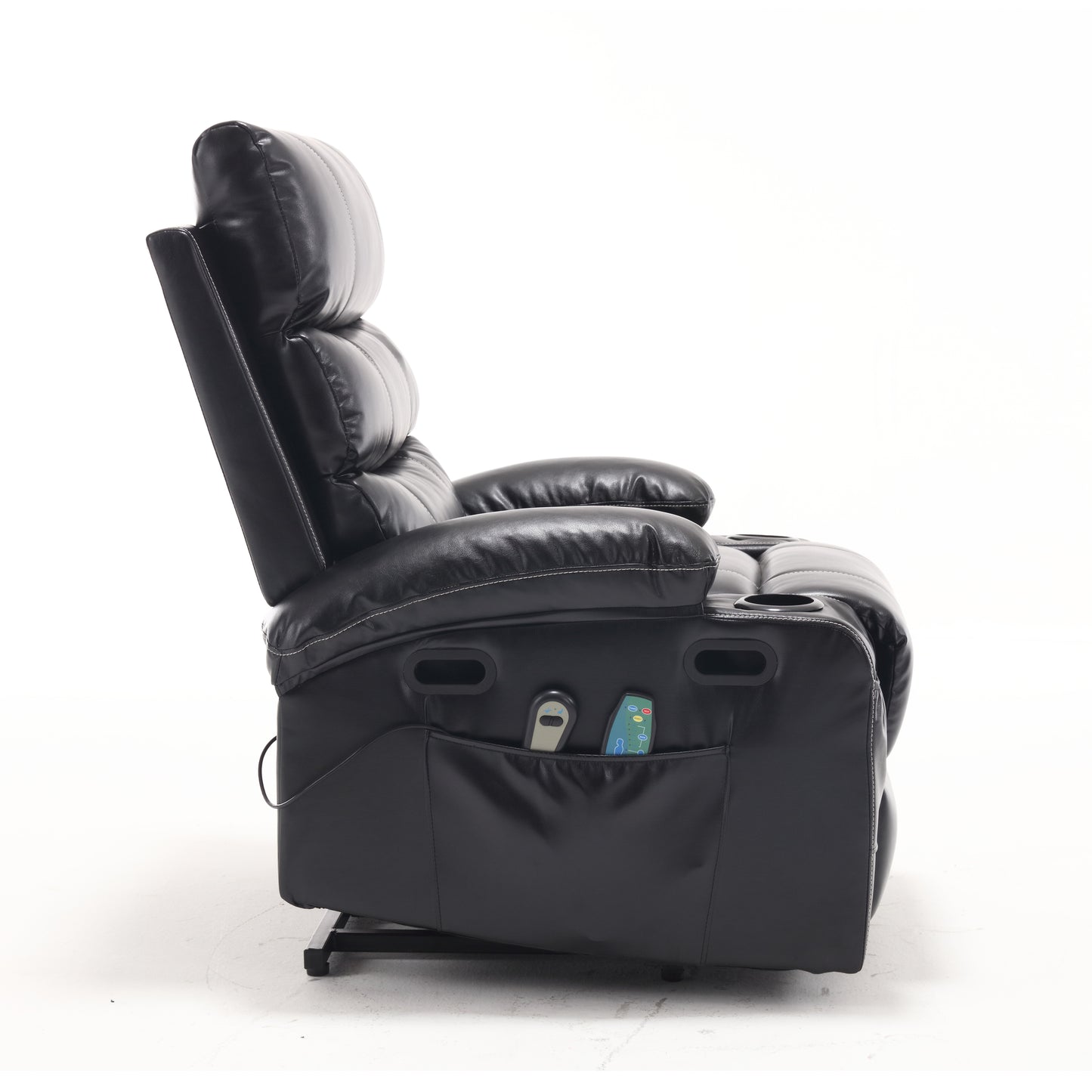 Black leather power recliner with cup holders and side pocket for remote controls