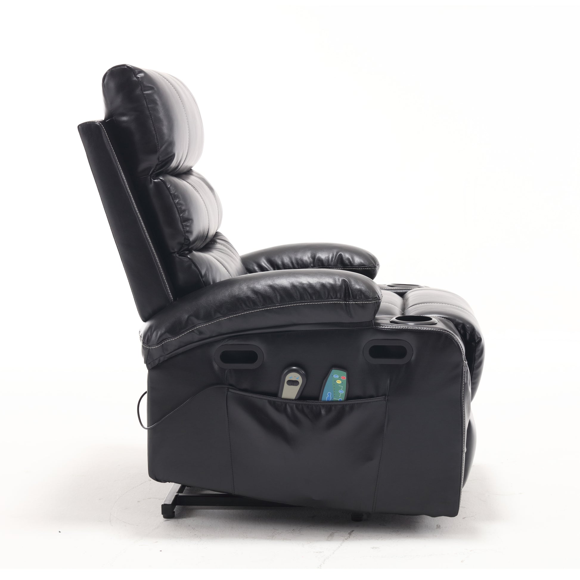 Black leather power recliner with cup holders and side pocket for remote controls
