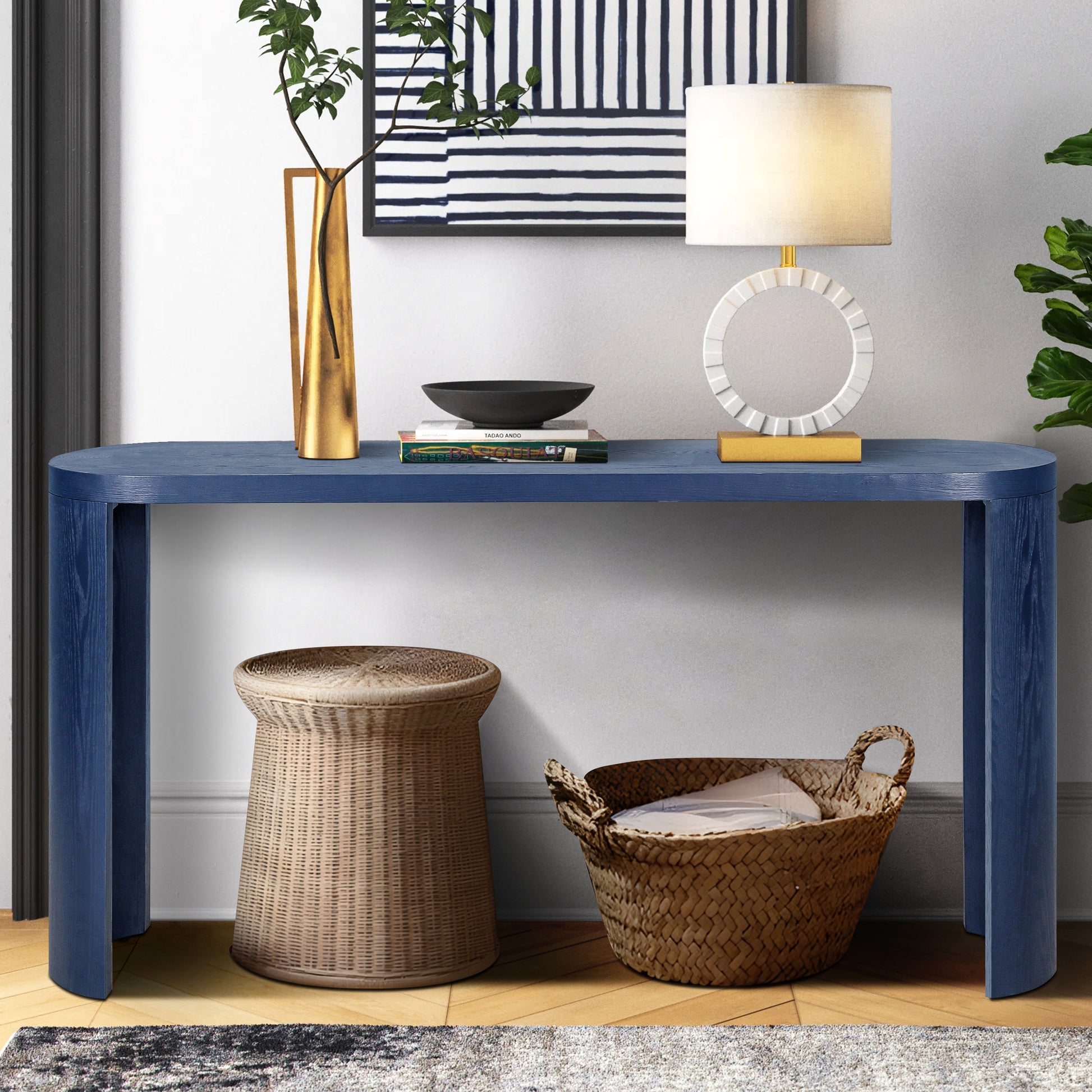 Dark blue curved console table with wood grain texture and modern design