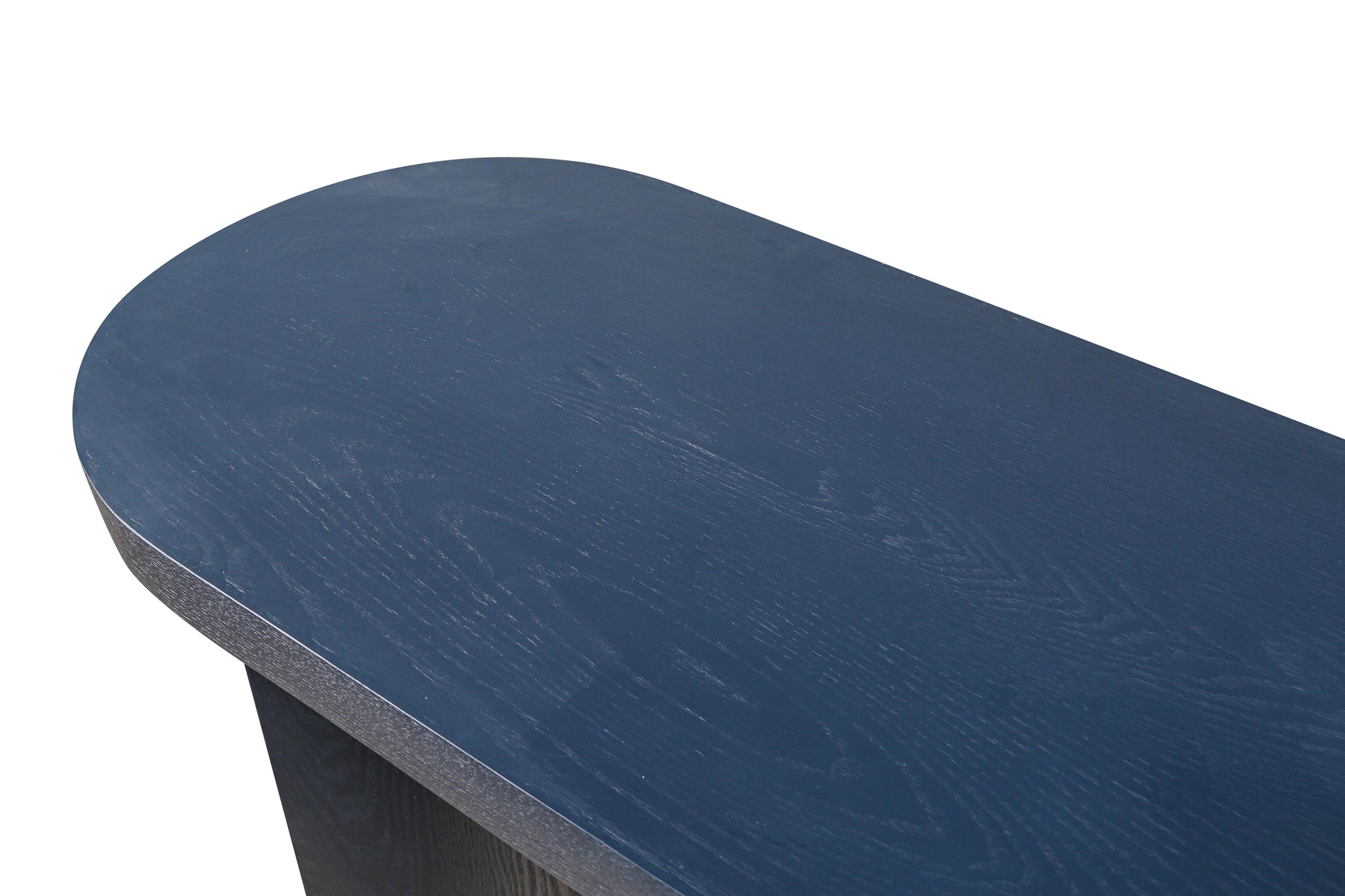 Dark blue oval wood dining table with subtle grain texture