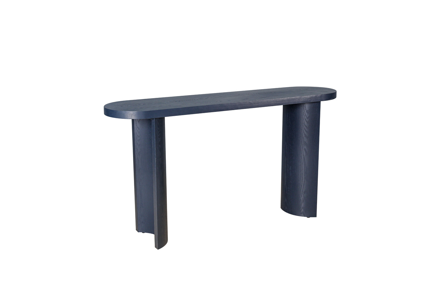 Dark blue wooden console table with curved legs and oval top modern design