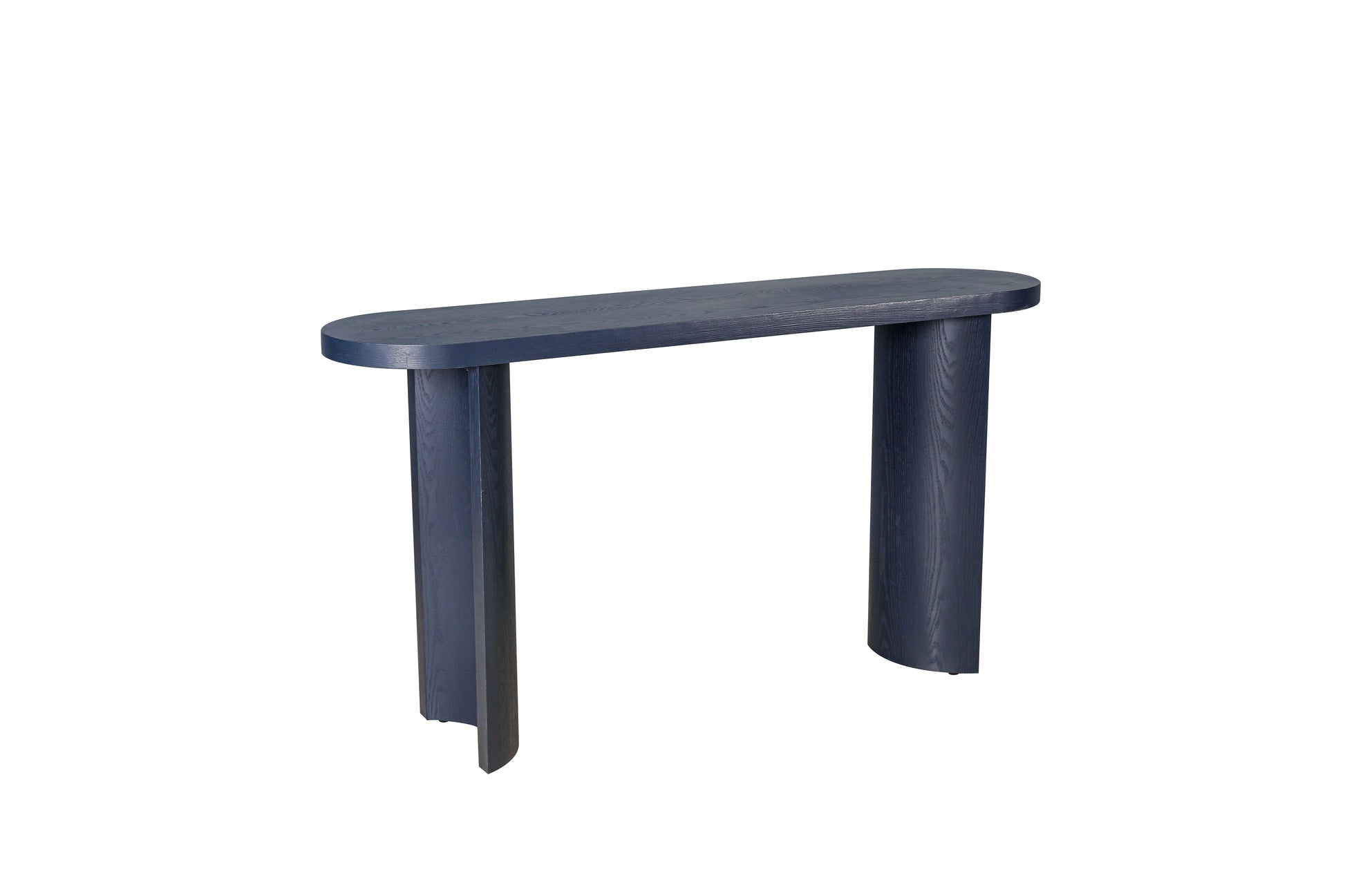 Dark blue wooden console table with curved legs and oval top modern design