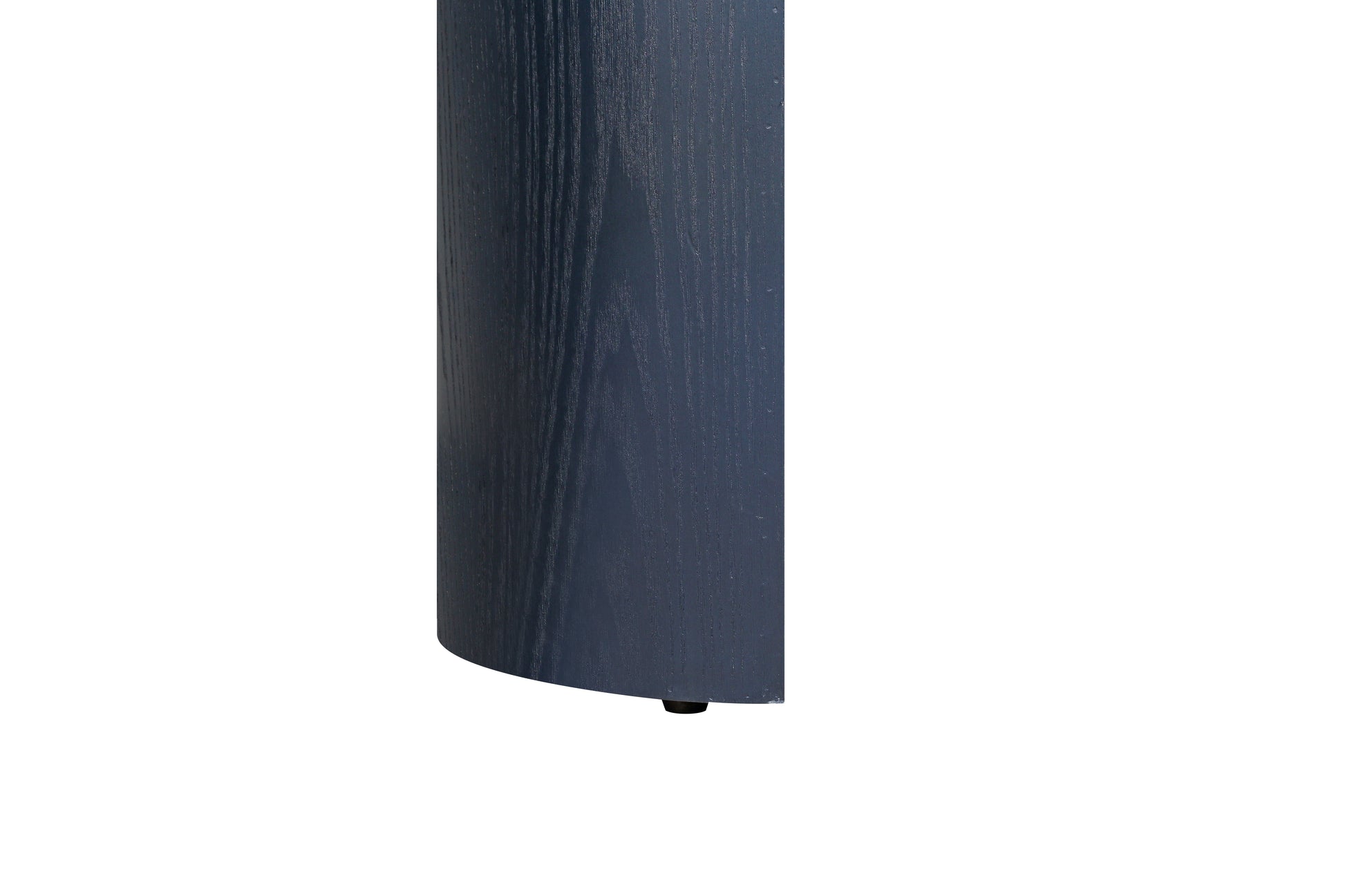 Dark navy curved wooden table leg with visible grain texture and adjustable foot