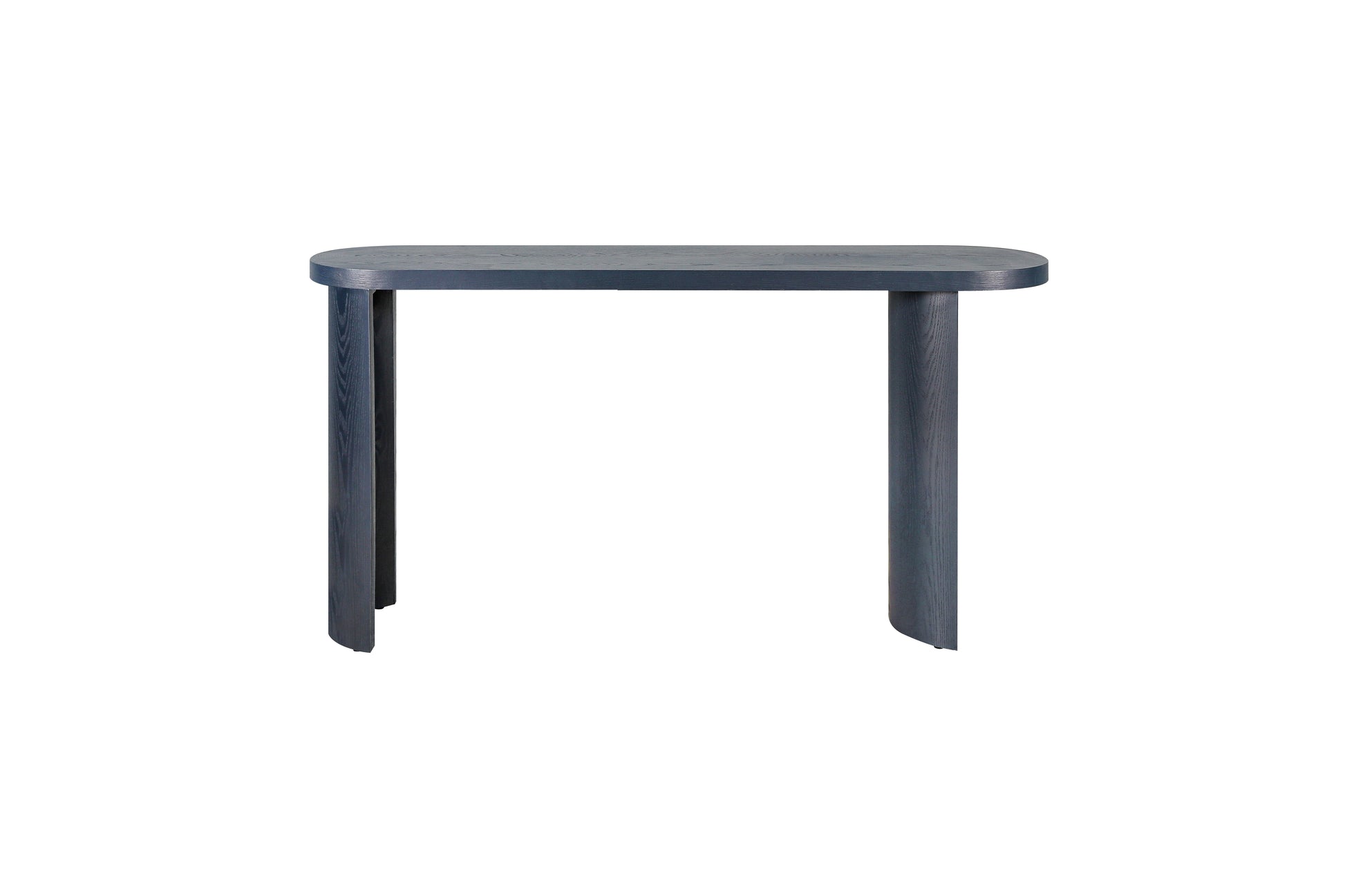 Dark blue wood console table with rounded edges and tapered legs