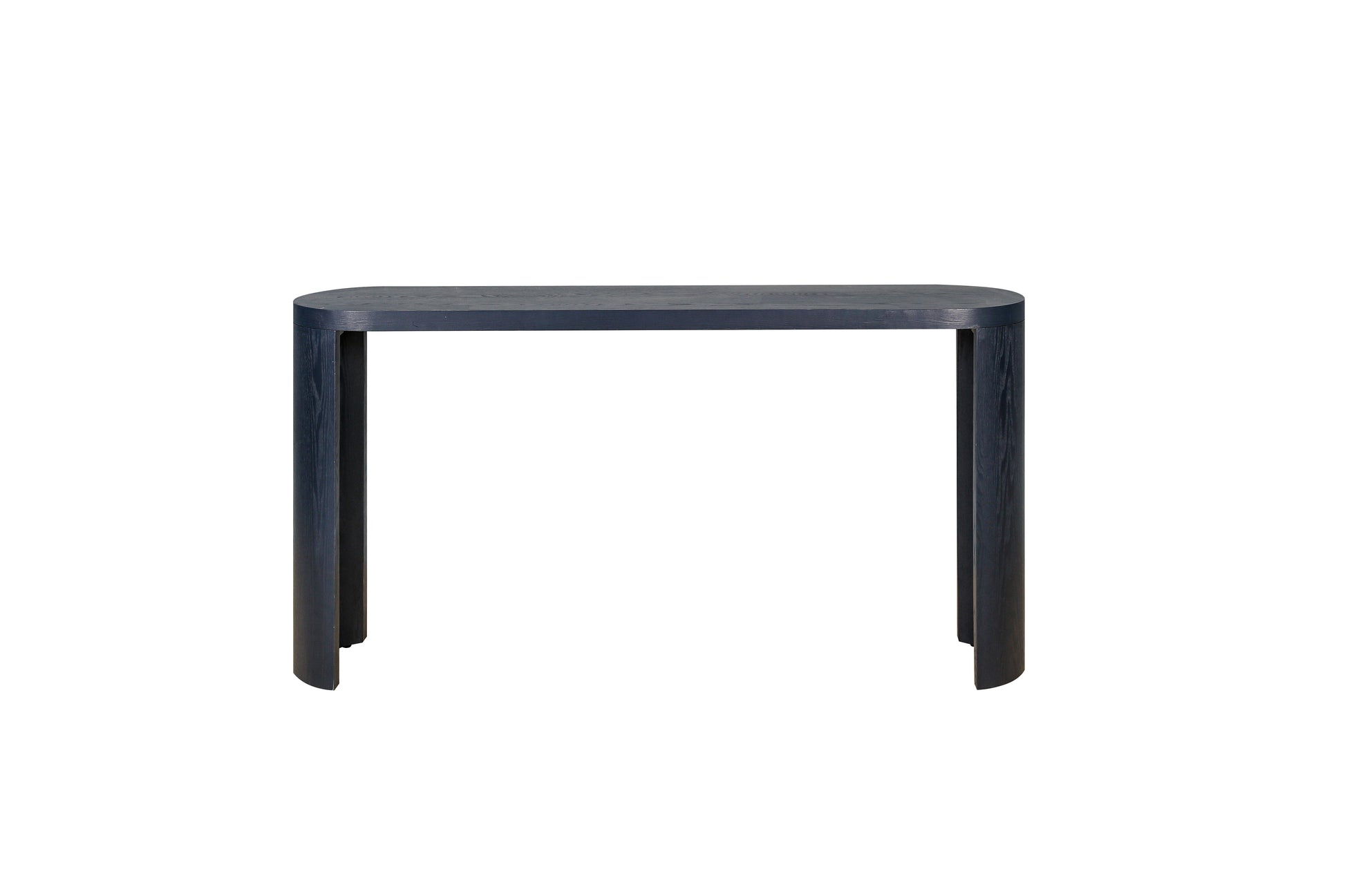 Dark blue wood console table with rounded edges and sturdy legs