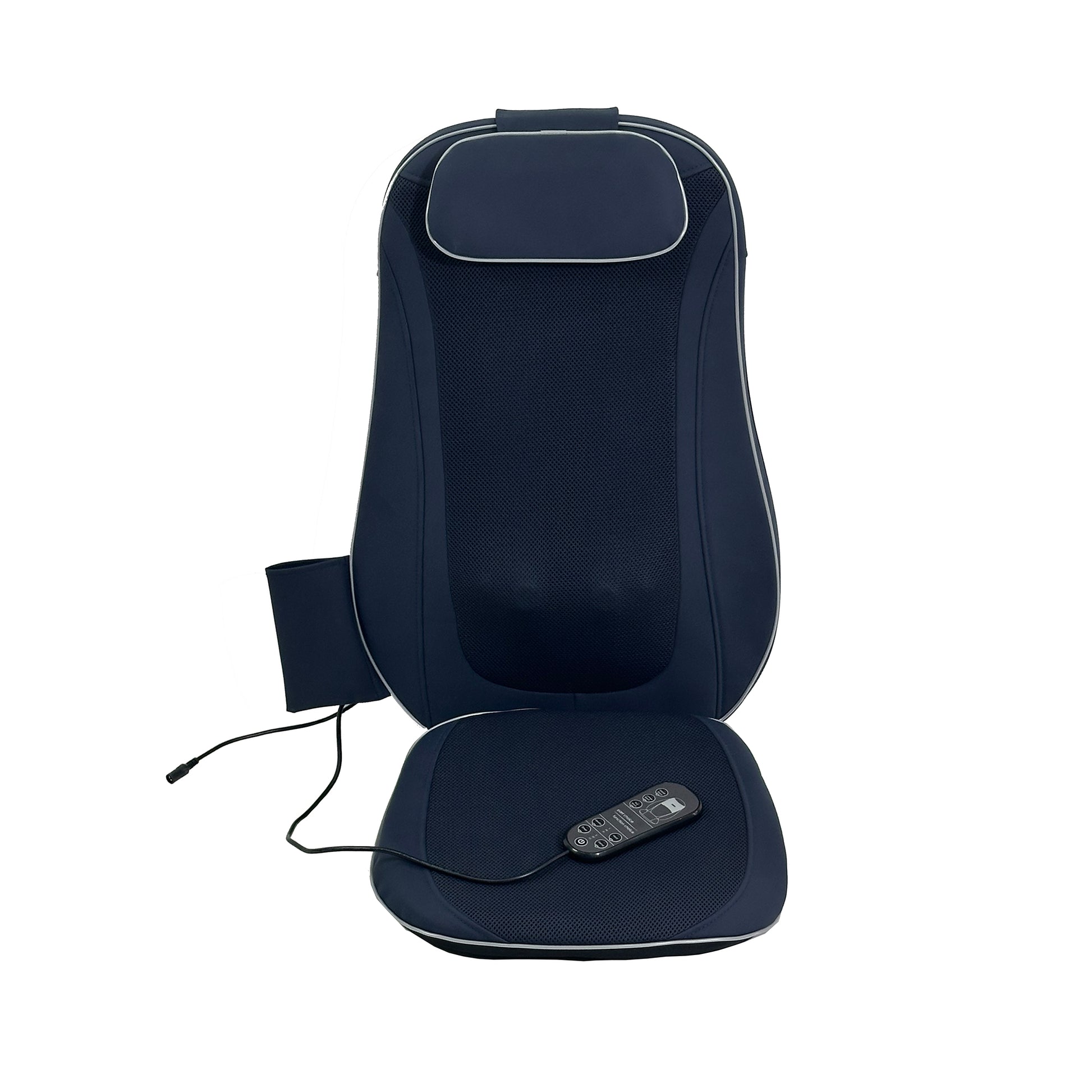 Dark navy fabric chair massager with attached remote control and power cord