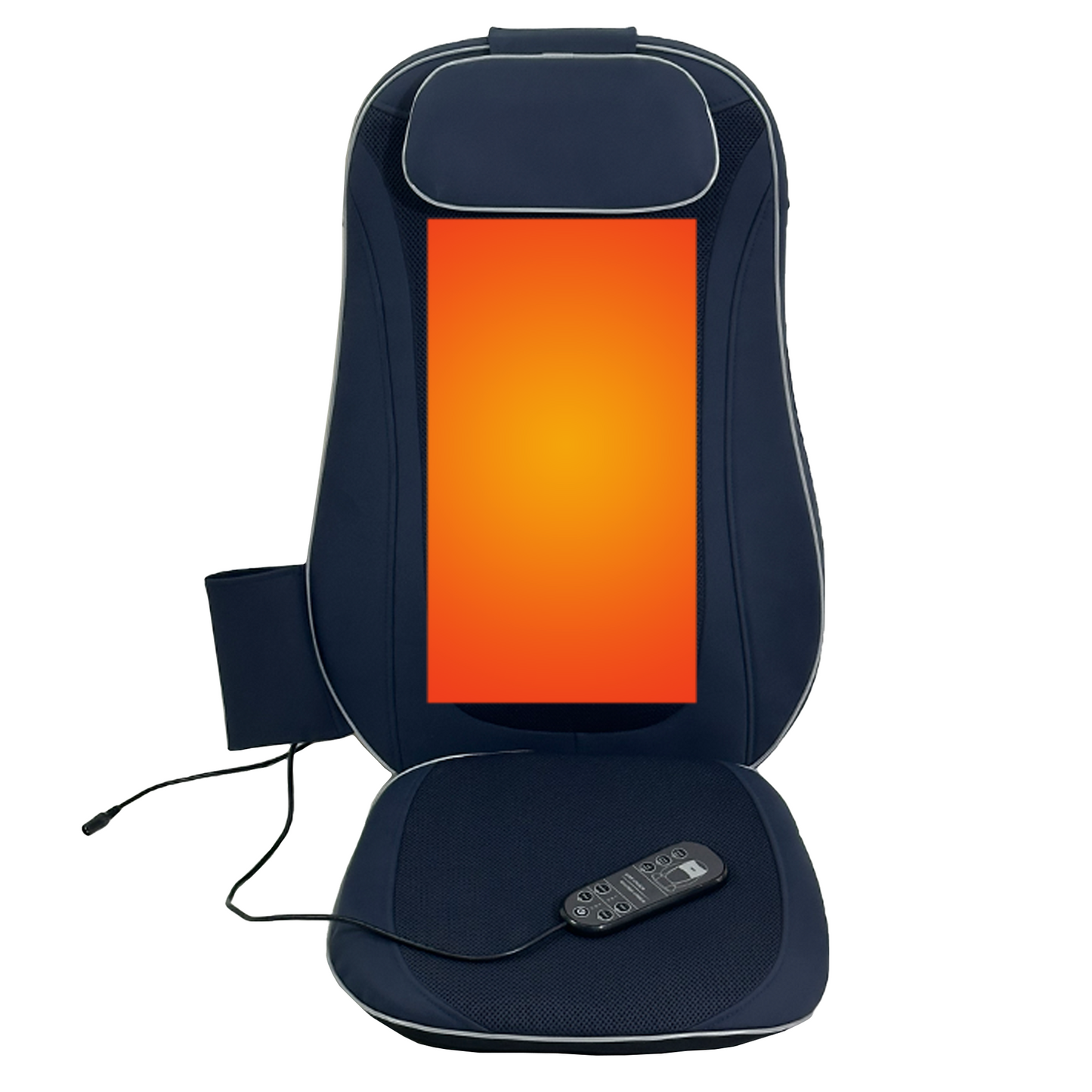 Navy blue heated massage seat cover with integrated remote control for comfort