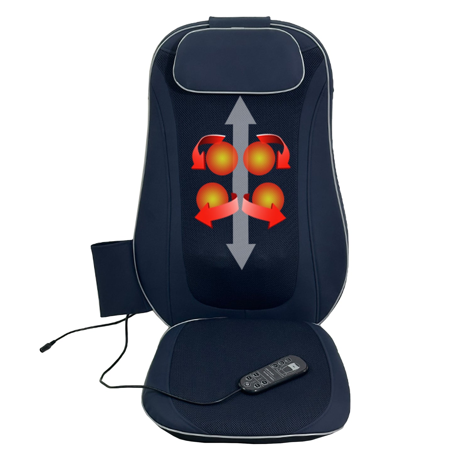 Navy blue massage seat cushion with integrated heating and rolling shiatsu nodes
