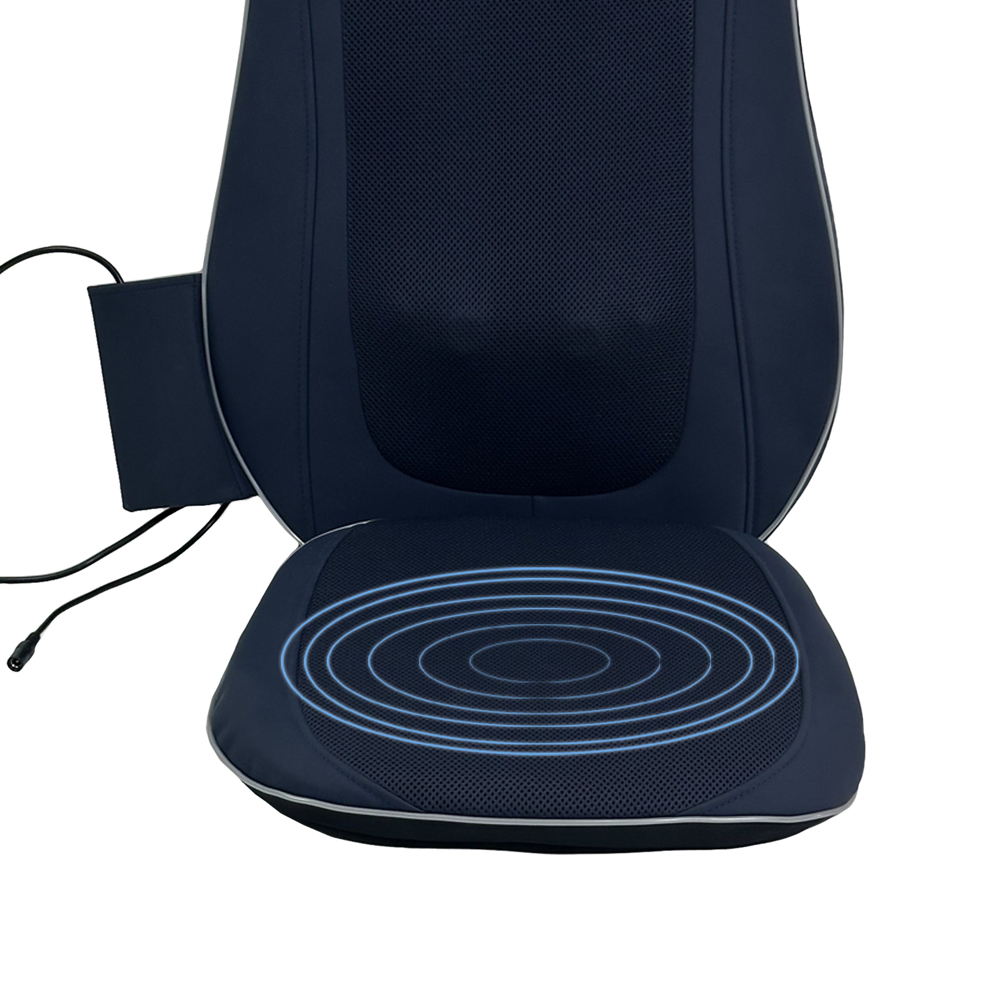 Navy blue shiatsu massage seat cushion with heating element and adjustable straps for comfort