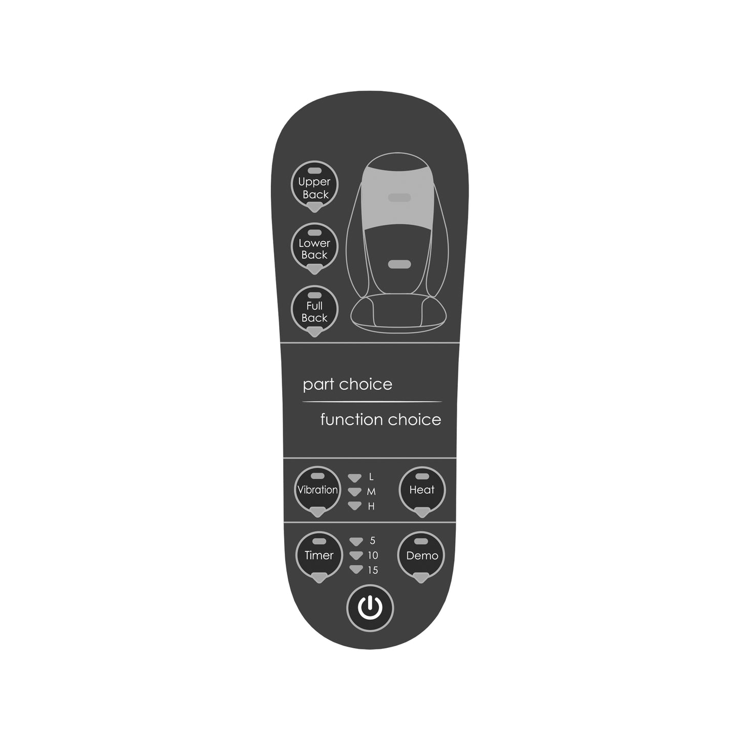Massage chair remote with full back lower back and upper back part choice options