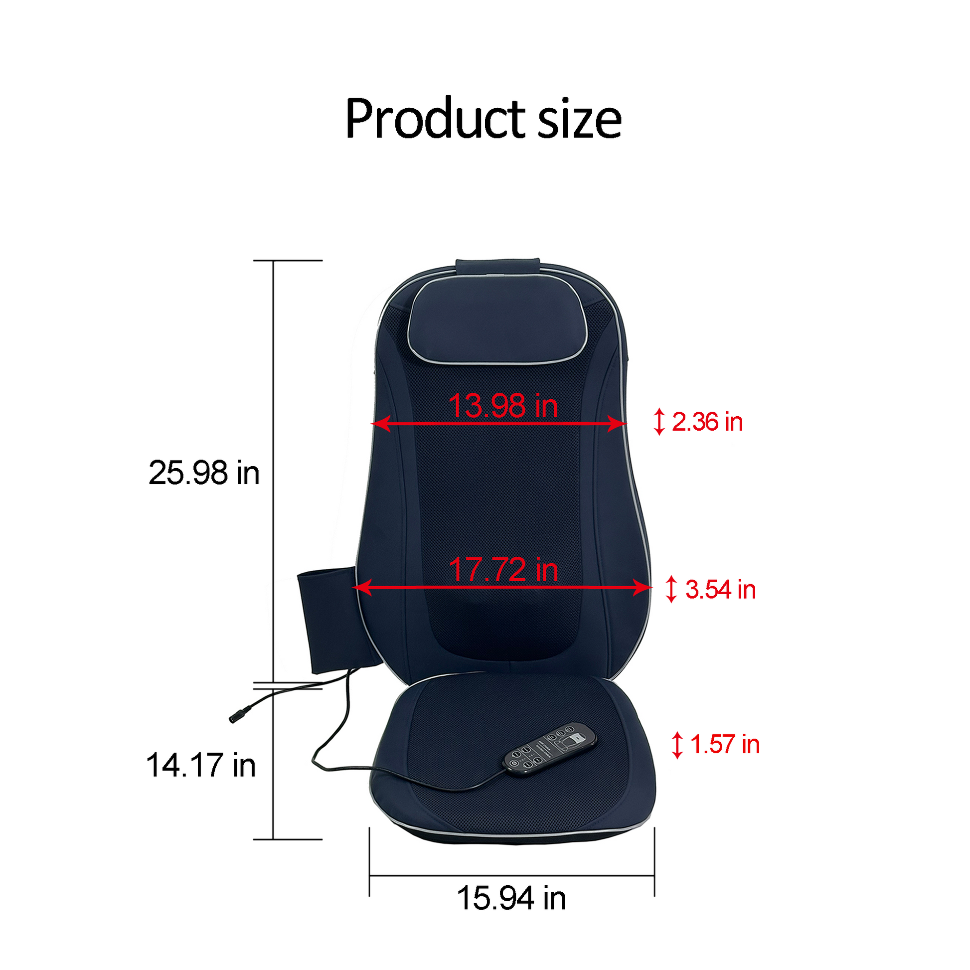 Navy blue massage seat cushion with dimensions indicated for home use