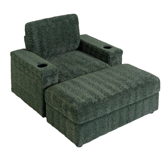 Plush green armchair with footrest and builtin cup holders for ultimate relaxation