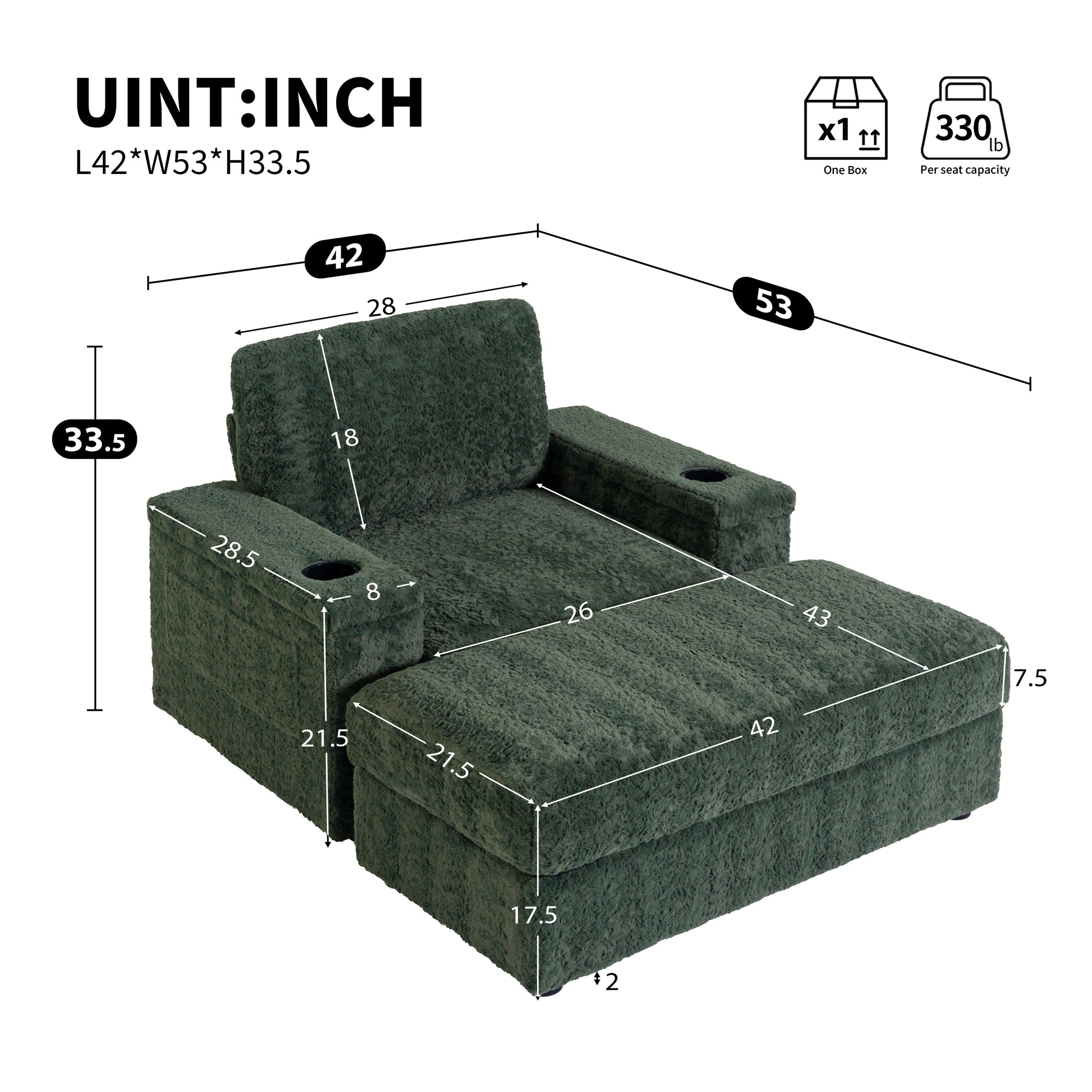 Dark green plush recliner chair with cup holders and chaise LWH