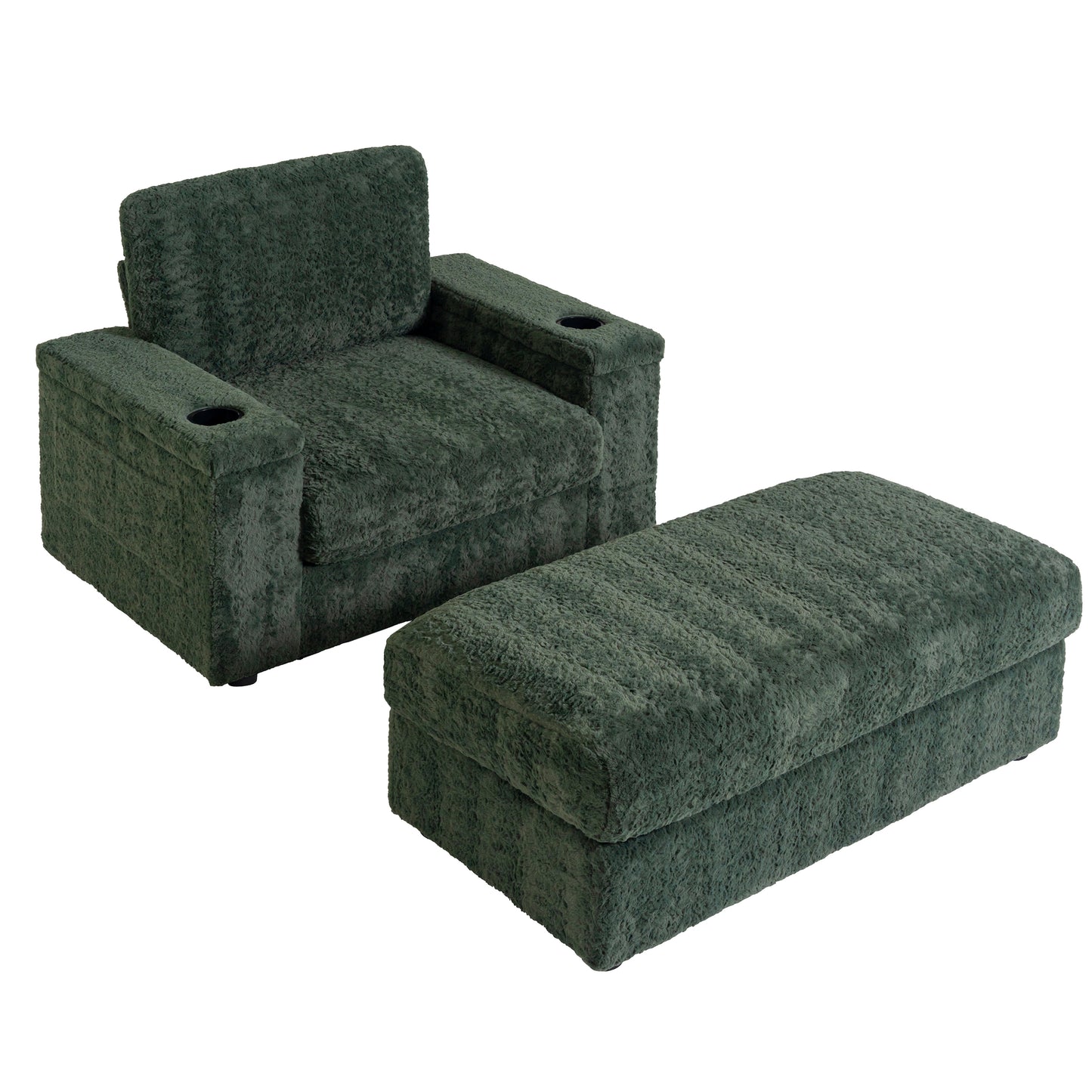 Cozy dark green plush accent chair with cup holders and matching ottoman for living room comfort