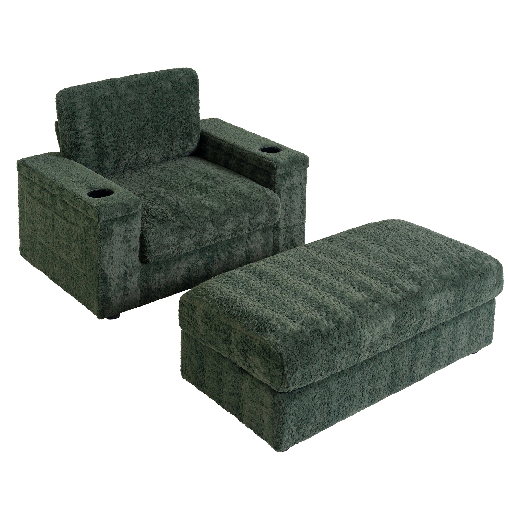 Cozy dark green plush accent chair with cup holders and matching ottoman for living room comfort