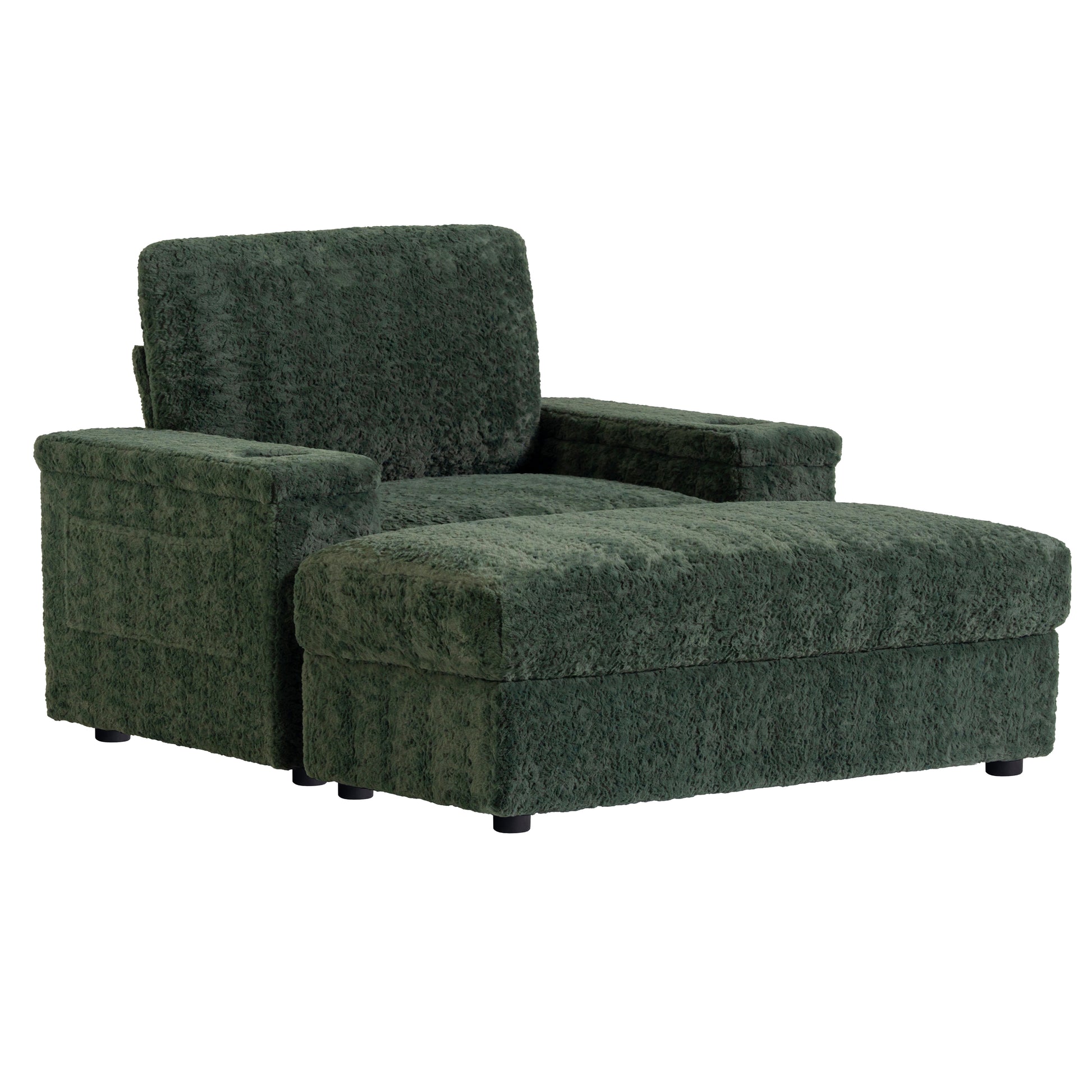 Dark green plush armchair with matching ottoman offering cozy seating