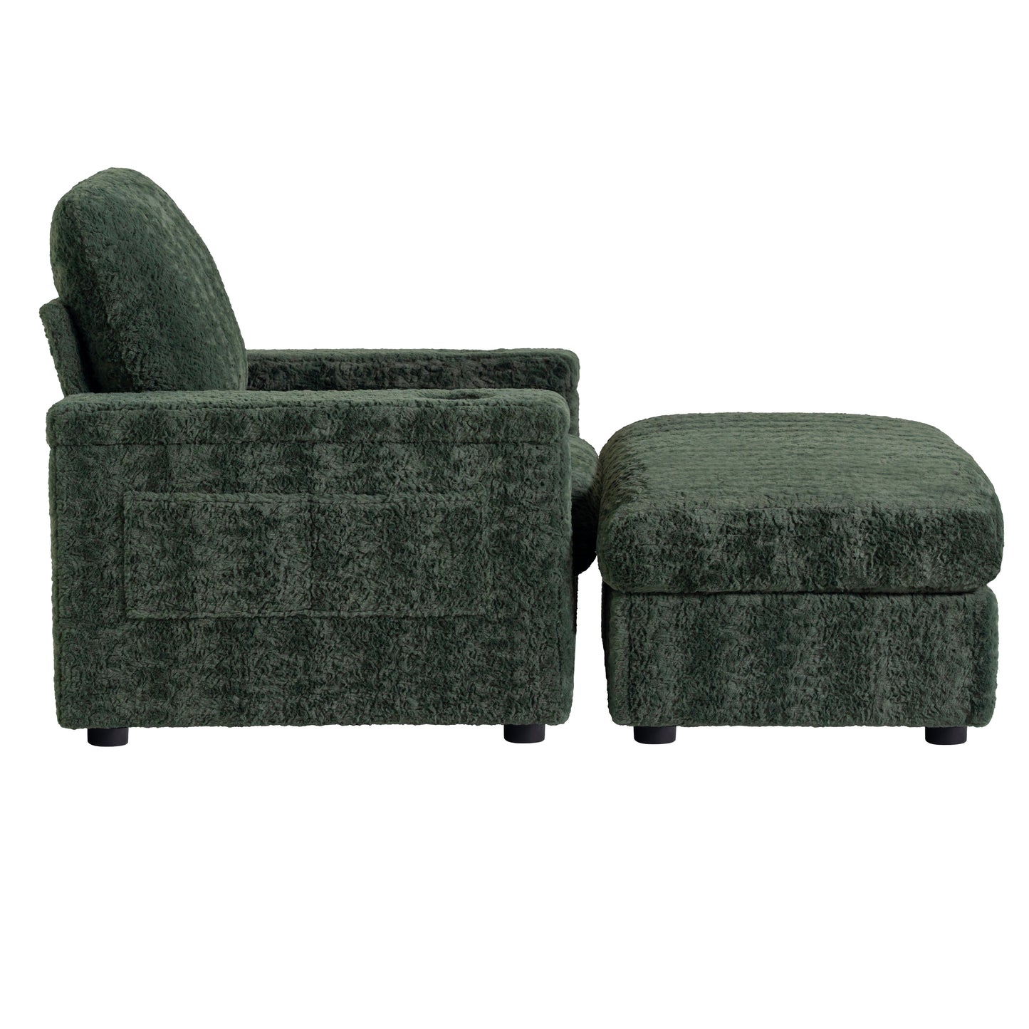 Plush dark green accent chair with matching ottoman perfect for a cozy living room