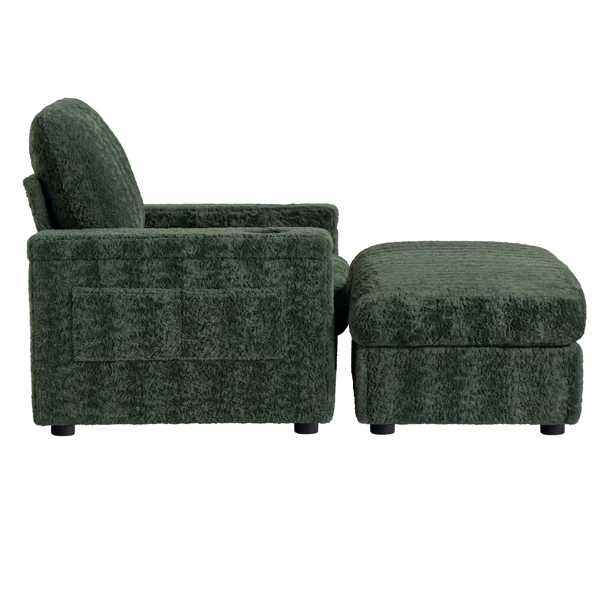 Plush dark green accent chair with matching ottoman perfect for a cozy living room