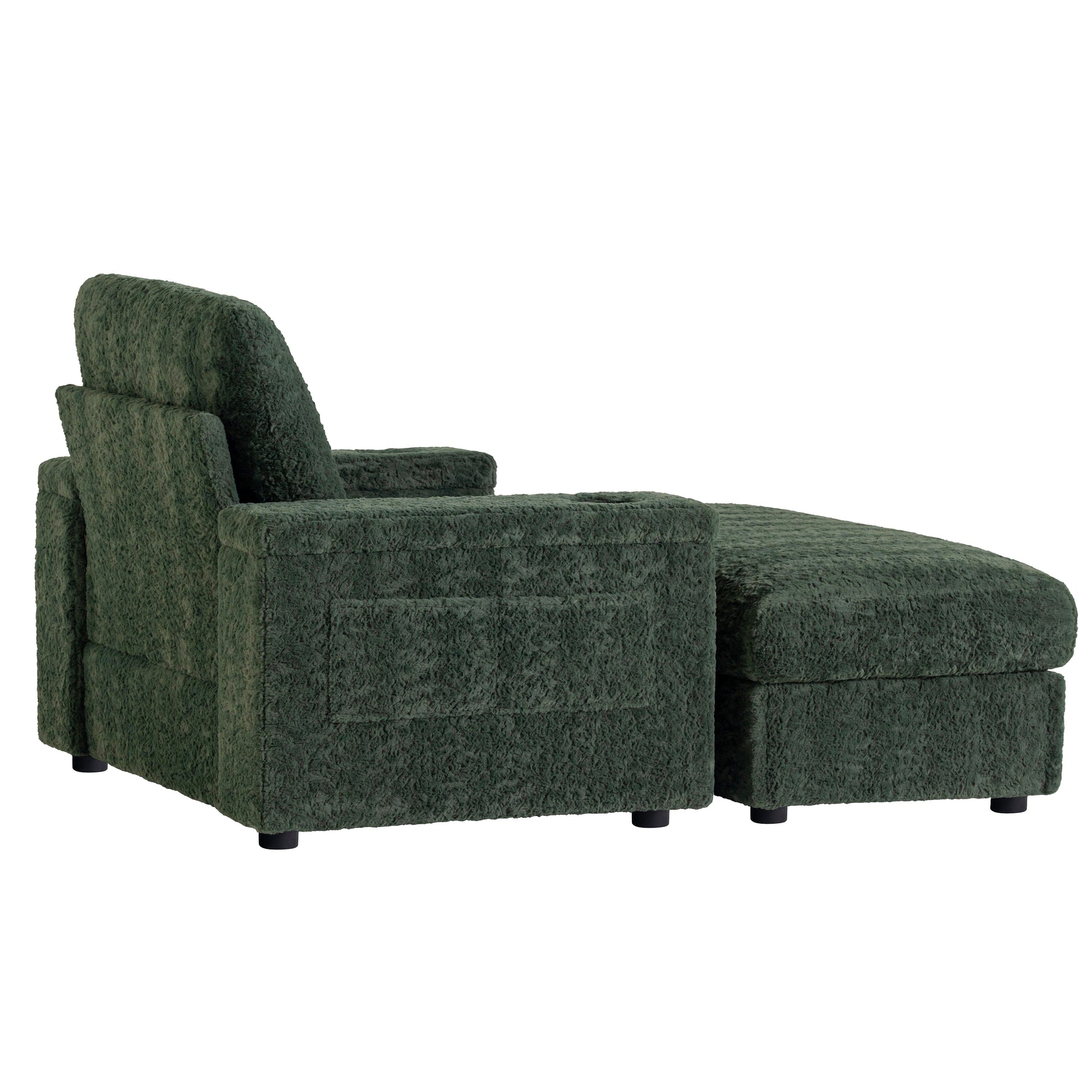 Plush dark green velvet armchair with matching ottoman for comfortable seating