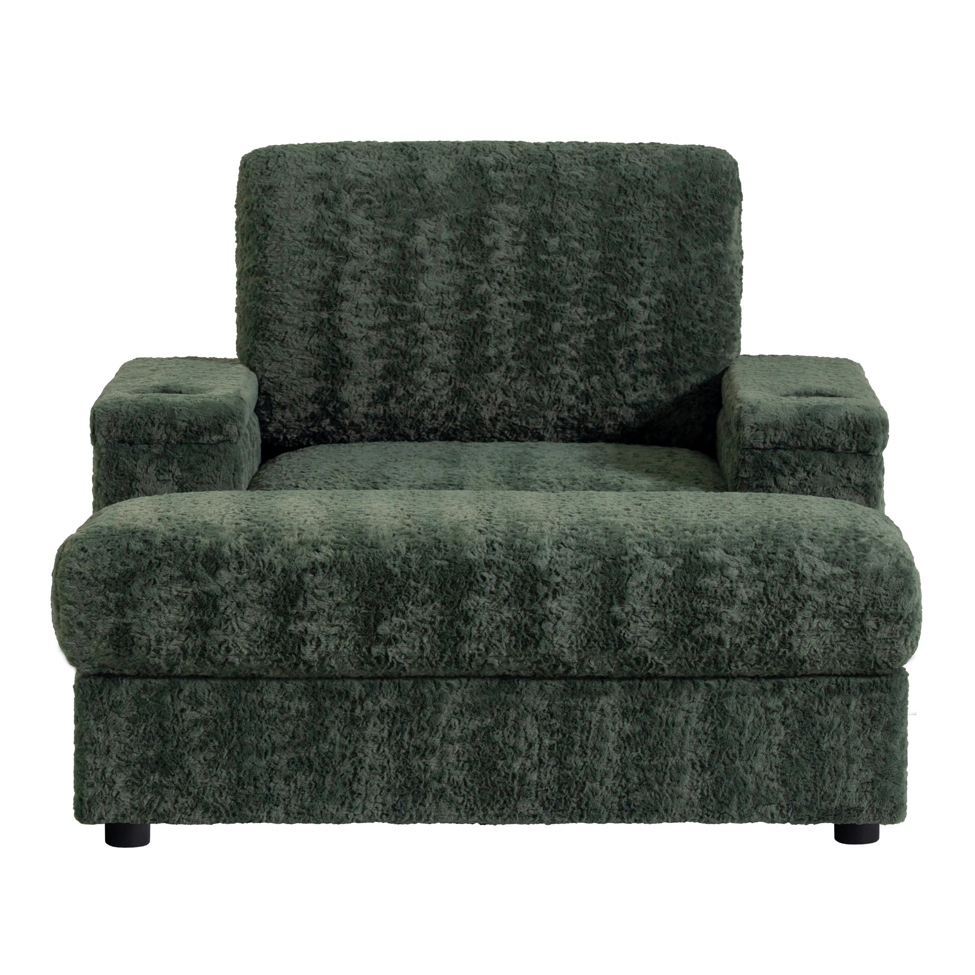 Plush dark green accent chair with textured fabric and comfortable armrests