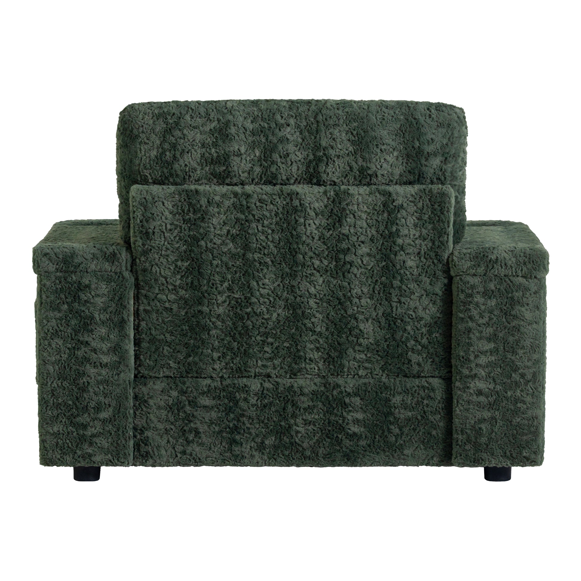Plush emerald green armchair with a textured boucle fabric and modern block legs