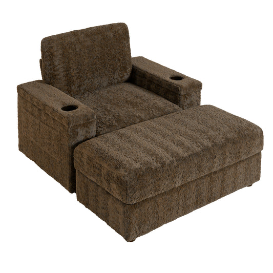 Comfortable plush brown recliner chair with integrated cup holders and ottoman