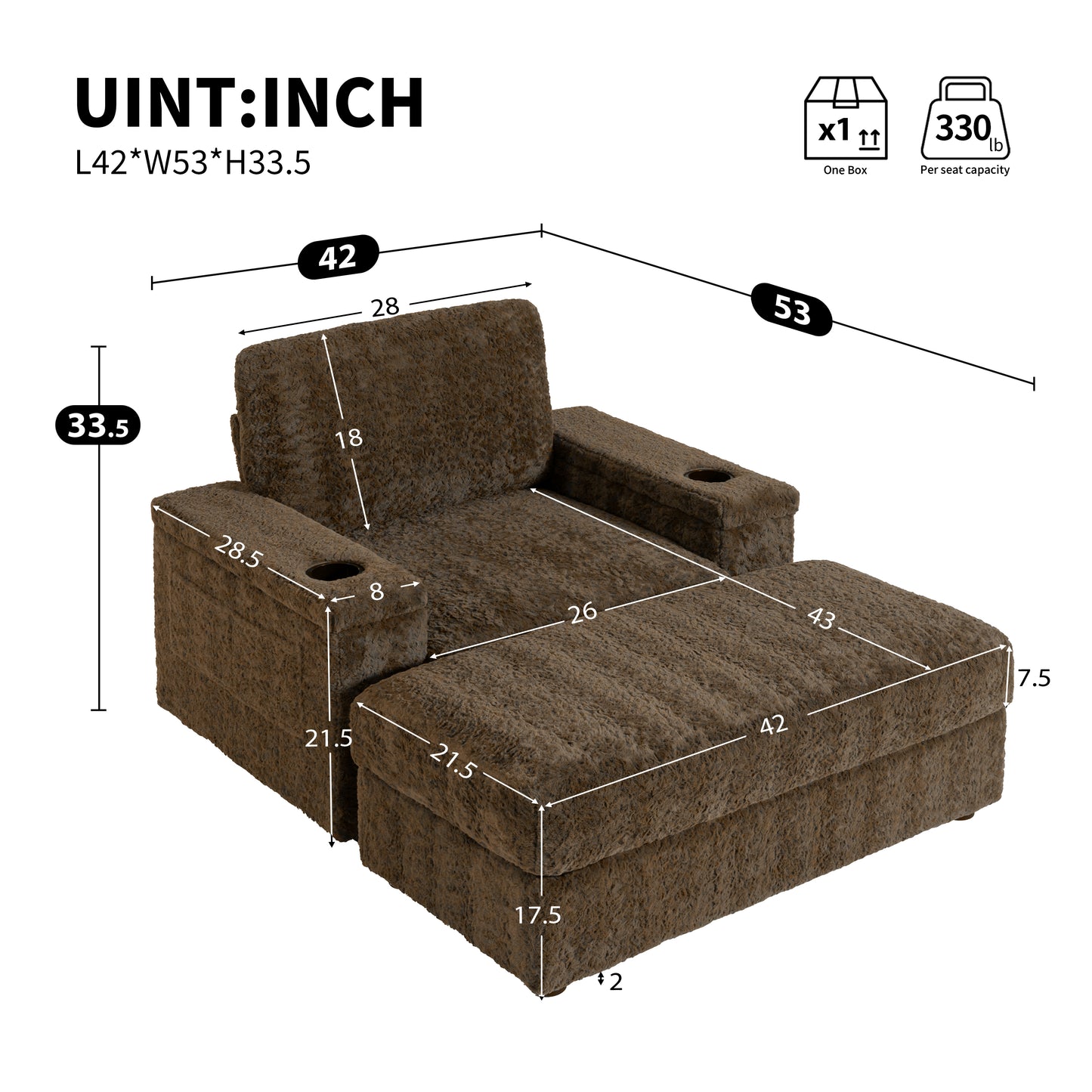 Plush brown recliner with cup holders and chaise W x D x H