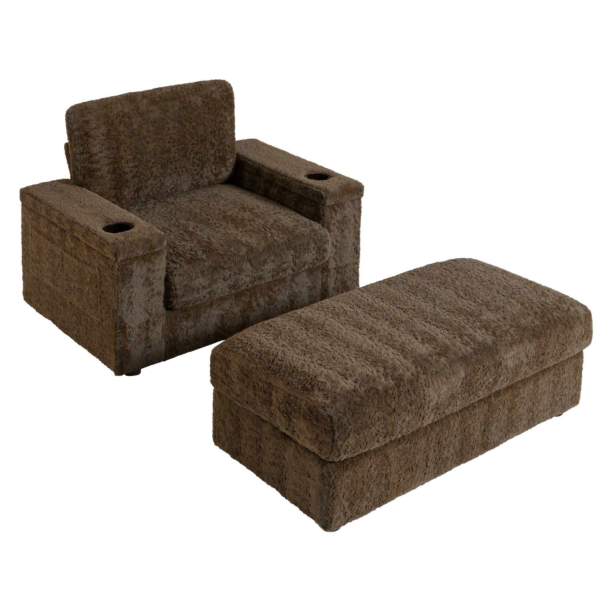 Brown textured recliner chair with cupholders and matching ottoman
