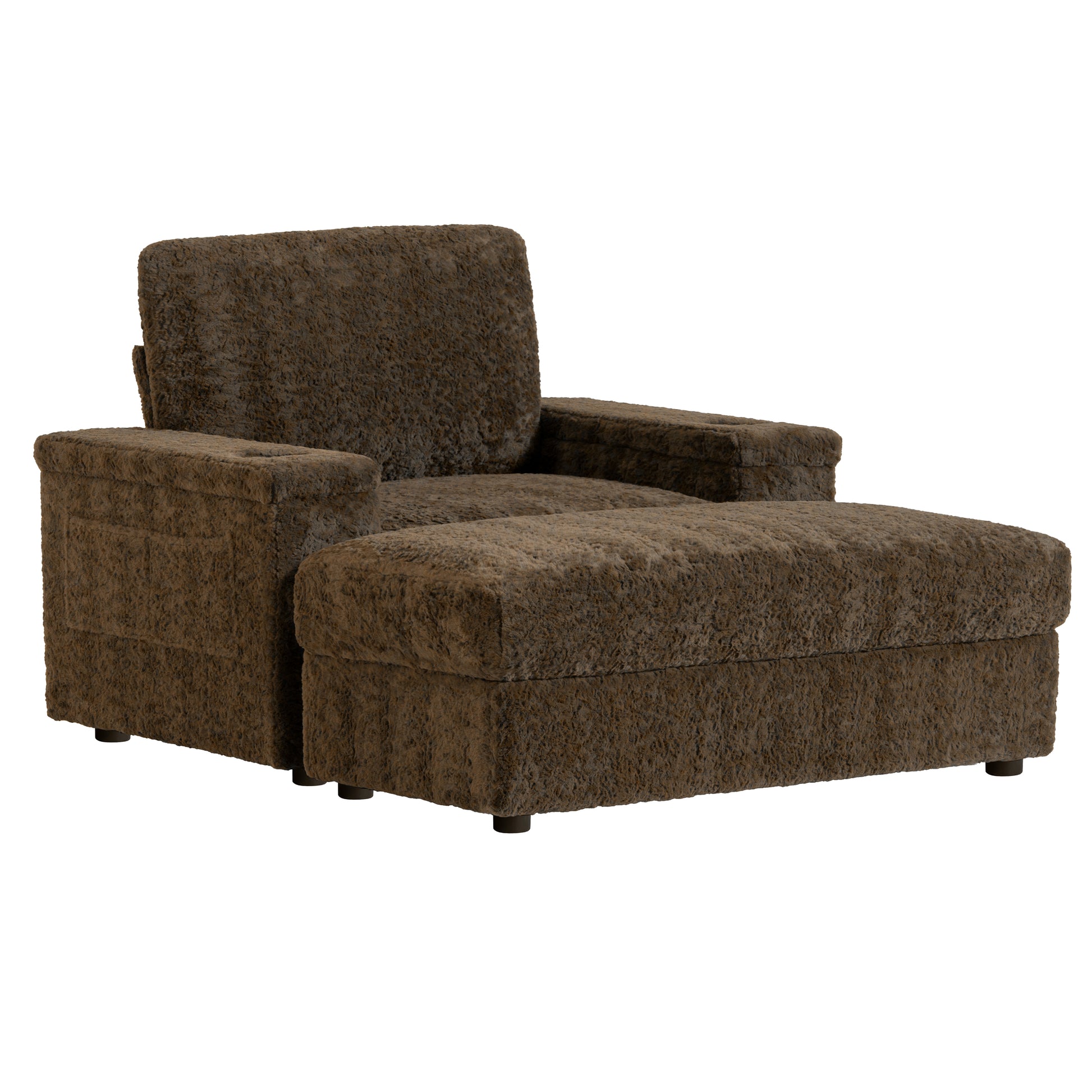 Plush brown shag armchair with matching ottoman perfect for a cozy living room