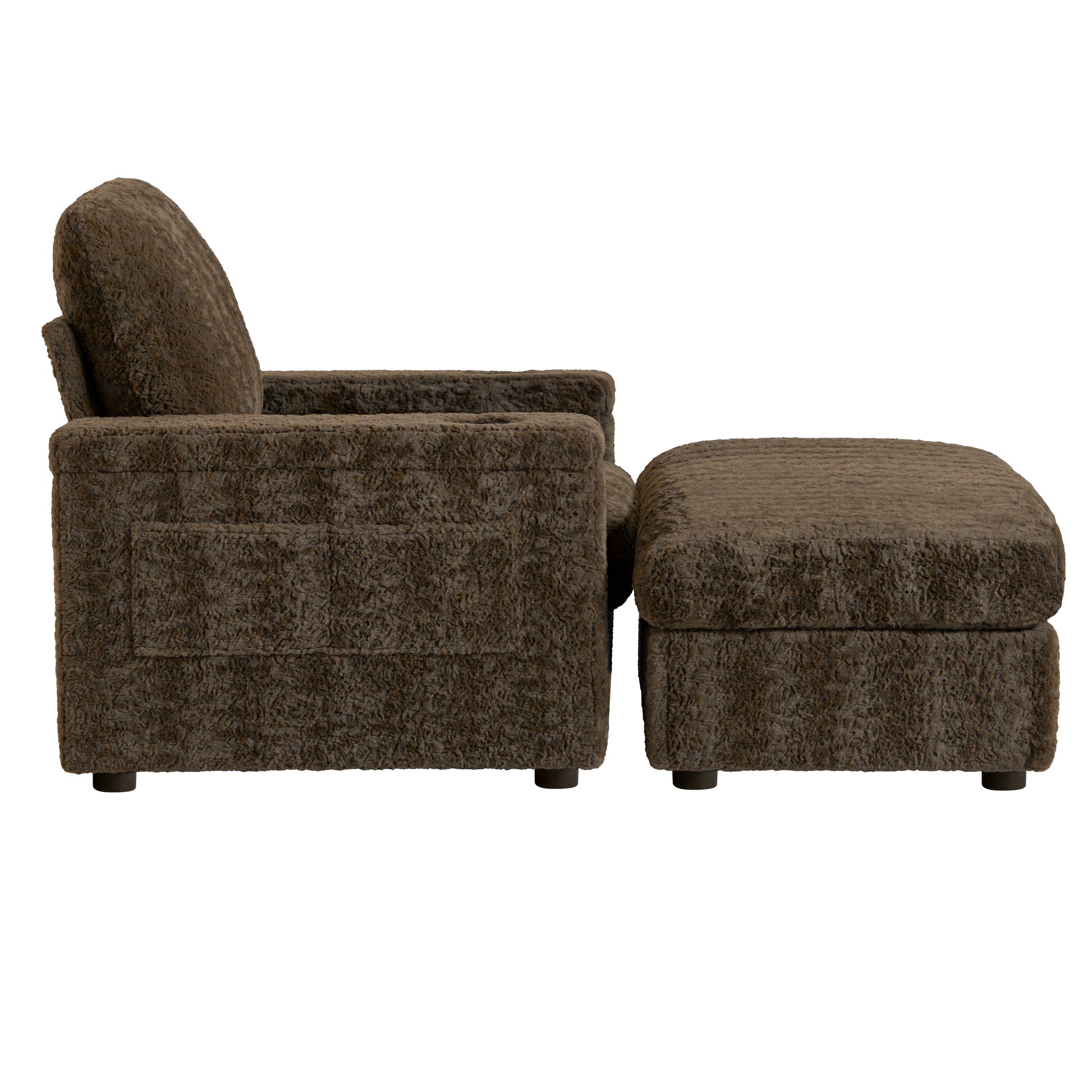 Cozy brown textured armchair with matching ottoman perfect for relaxing