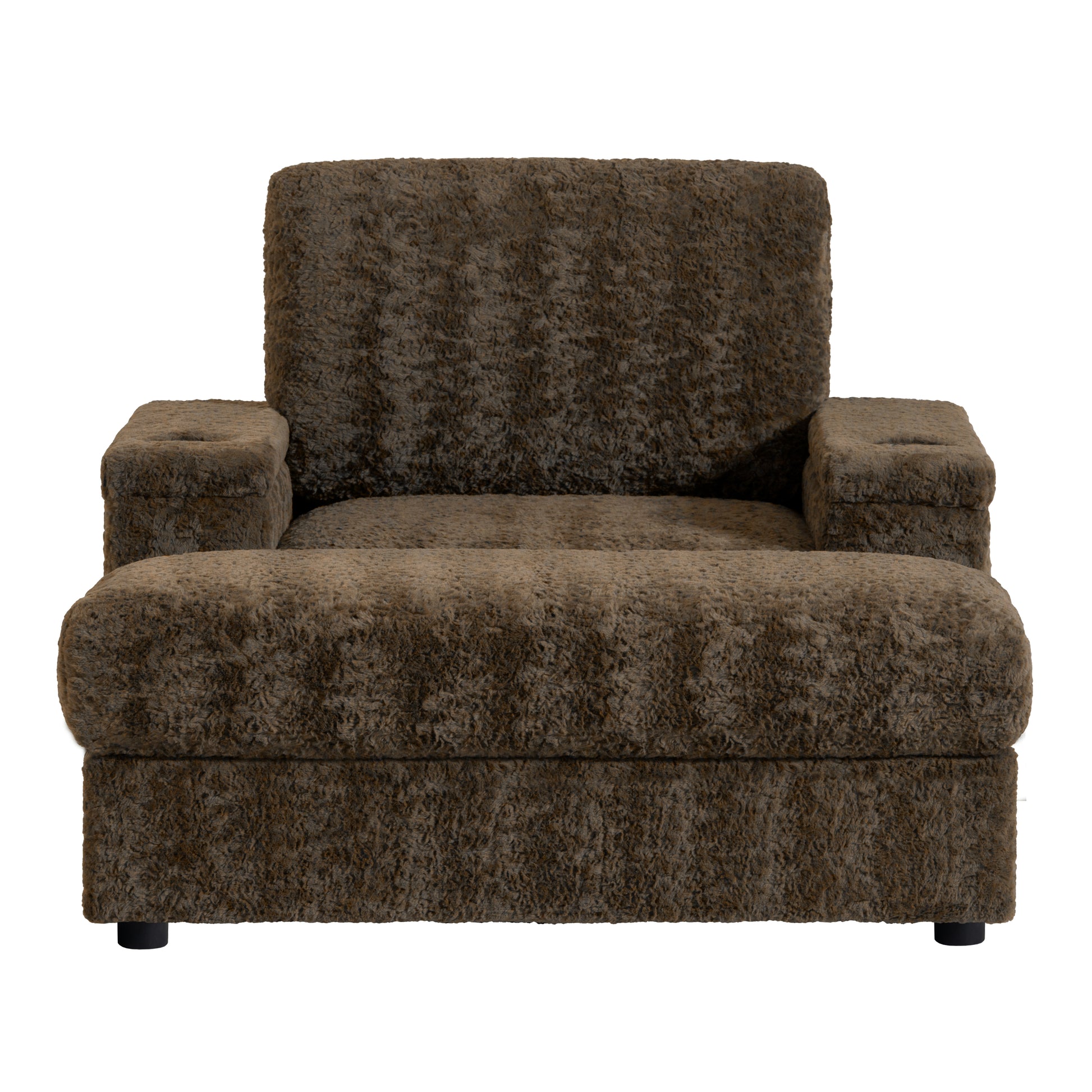 Plush brown armchair with textured fabric and wide armrests perfect for cozy living rooms