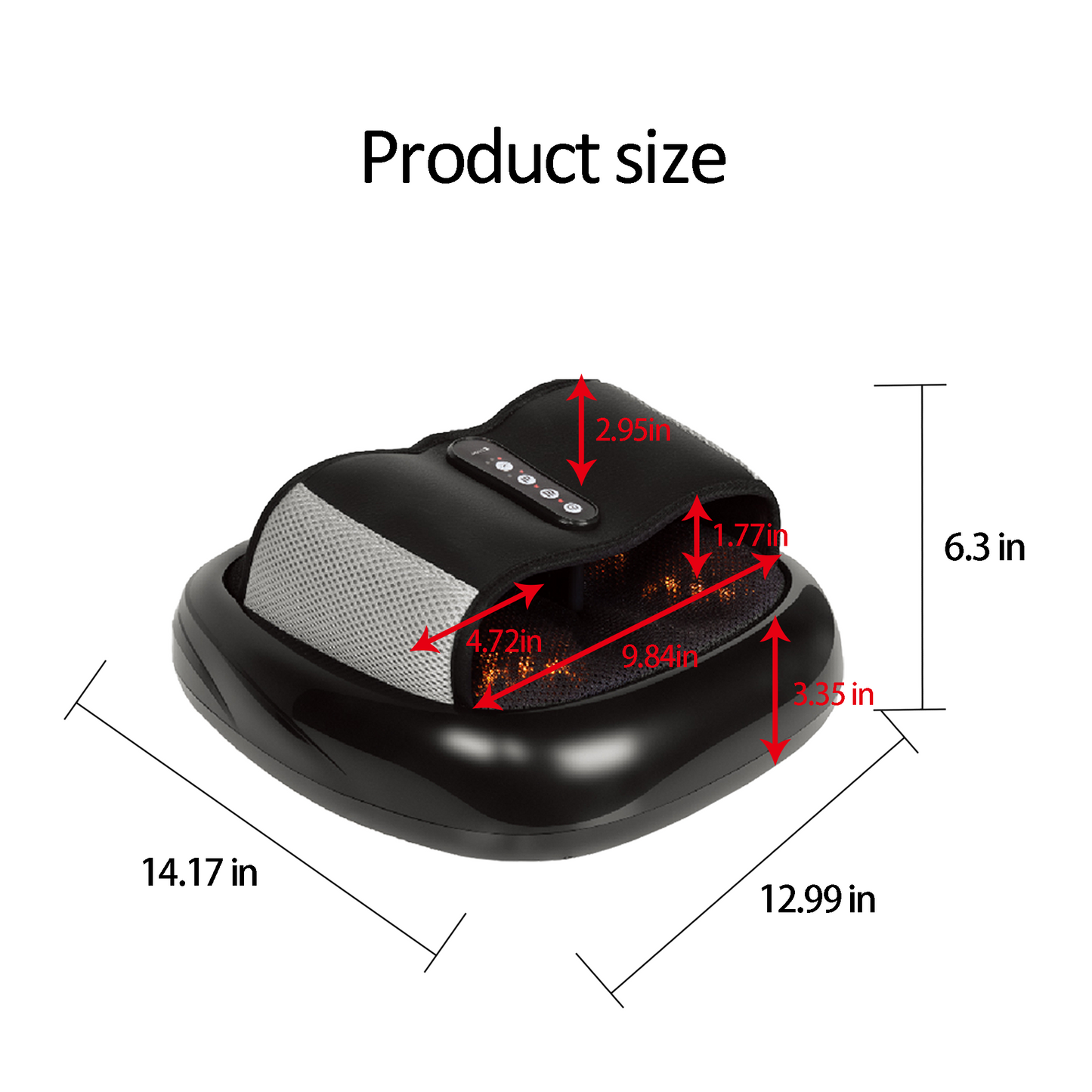 Black Shiatsu foot massager with control panel and heating elements dimensions  L x  W