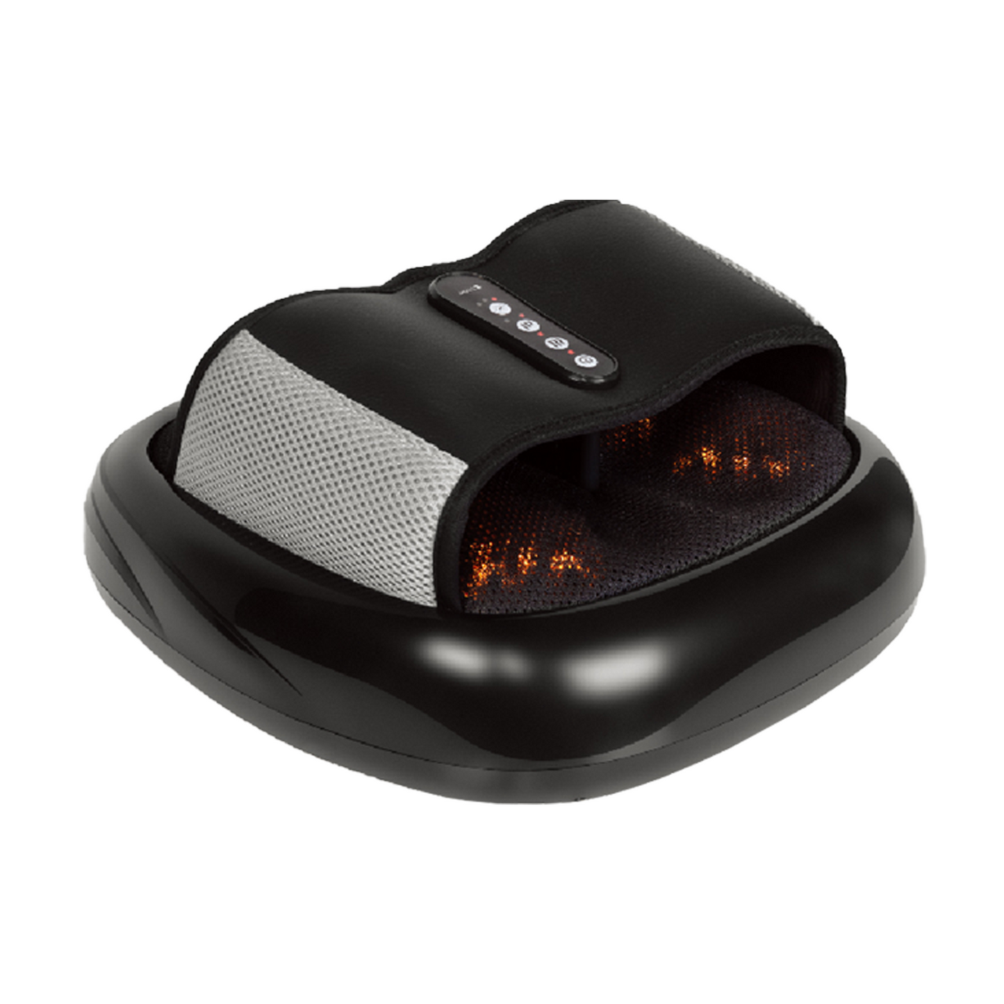 Black shiatsu foot massager with heat and remote control on white background