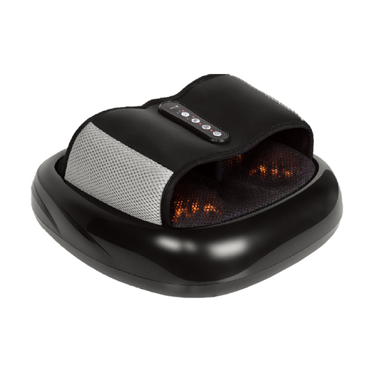 Black shiatsu foot massager with heat and remote control on white background