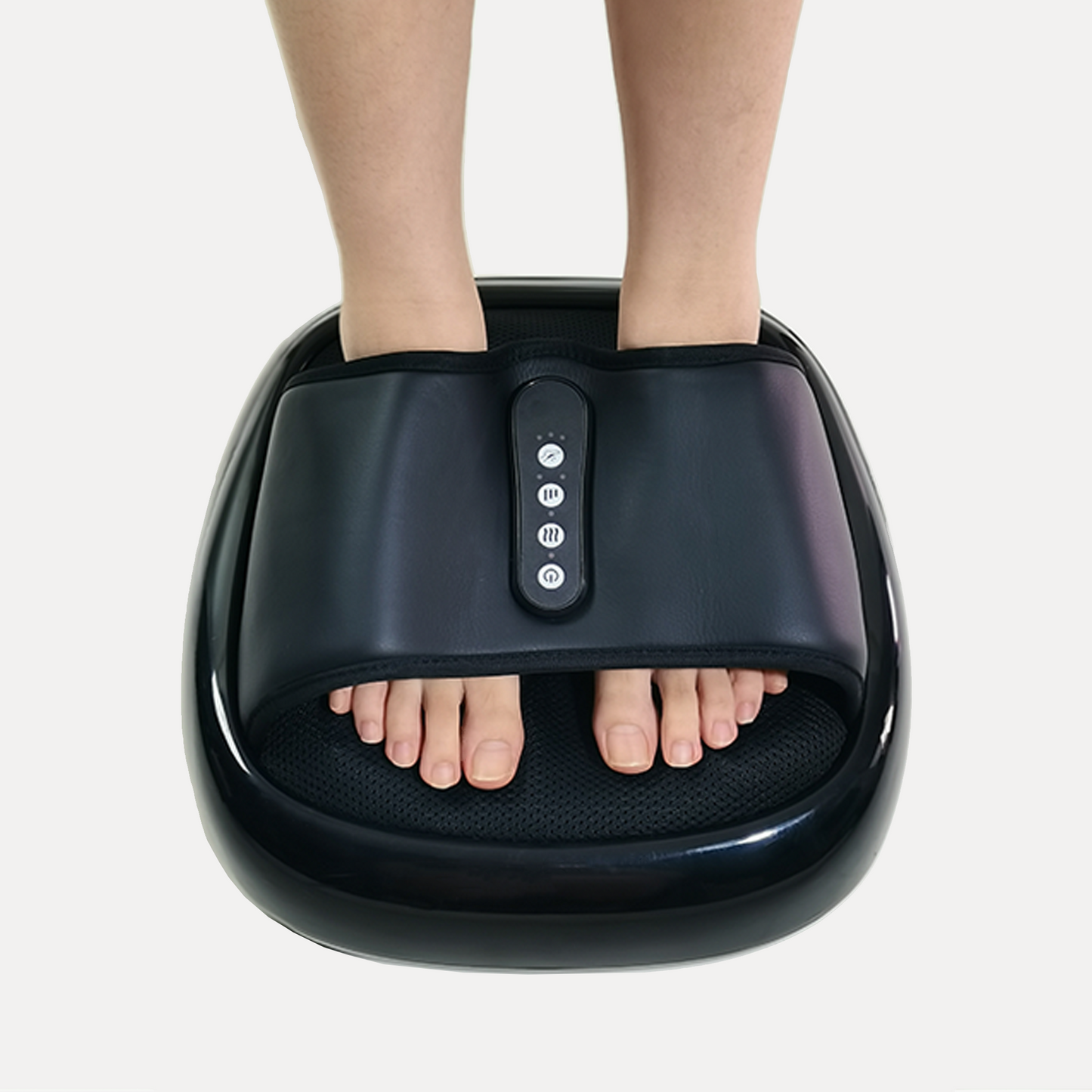 Black shiatsu foot massager with multiple heat settings and power button