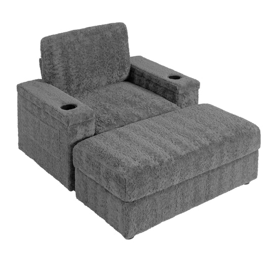 Plush gray kids armchair with builtin cup holders and ottoman
