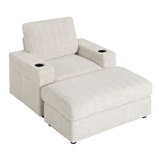 Cream sherpa accent chair with ottoman and builtin cup holders
