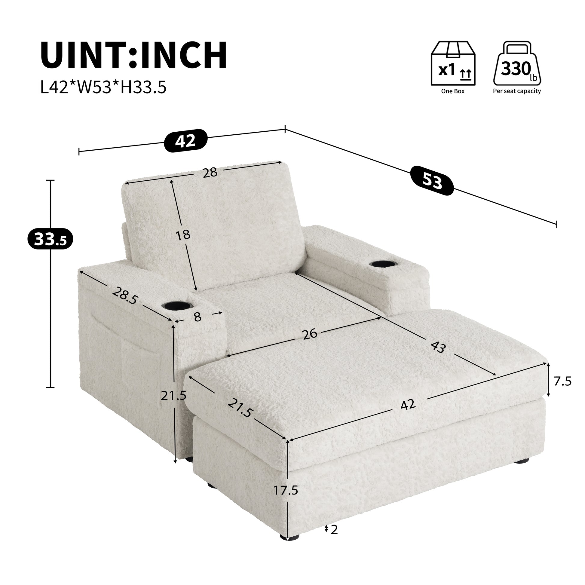 Plush ivory single reclining chair with builtin cup holders and storage pockets