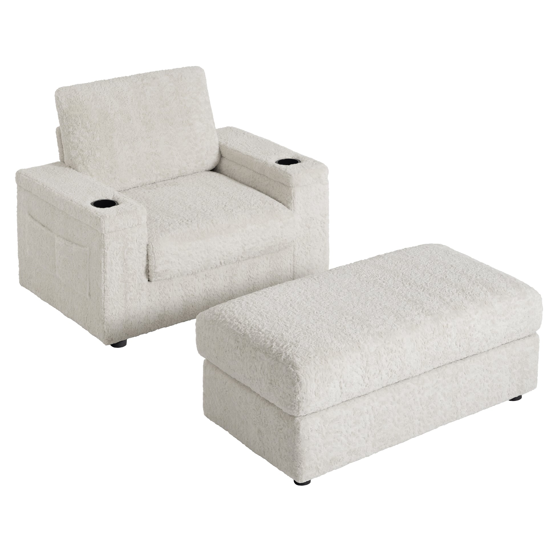 Plush cream armchair with cup holder and matching ottoman