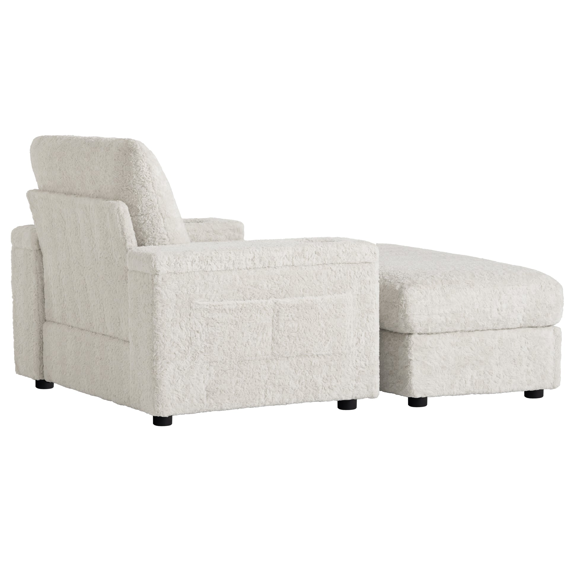 Cozy offwhite teddy fabric armchair with matching ottoman perfect for relaxing