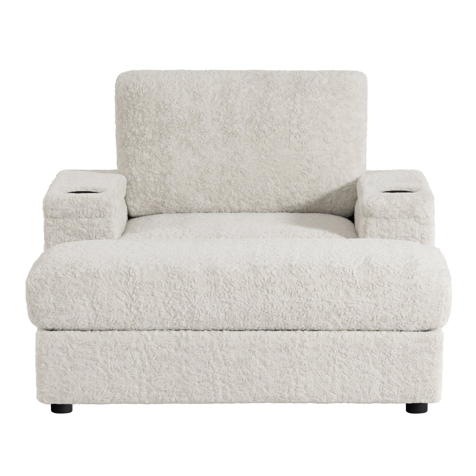 Plush cream boucle armchair with integrated cup holders for ultimate comfort