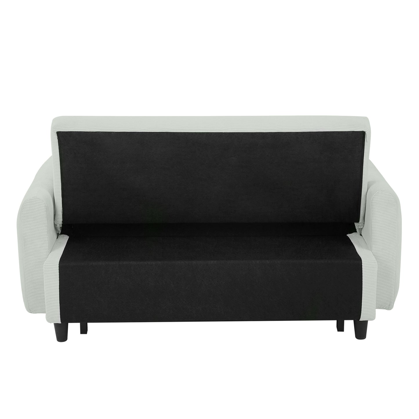 Light grey corduroy sofa with exposed black base and short black legs