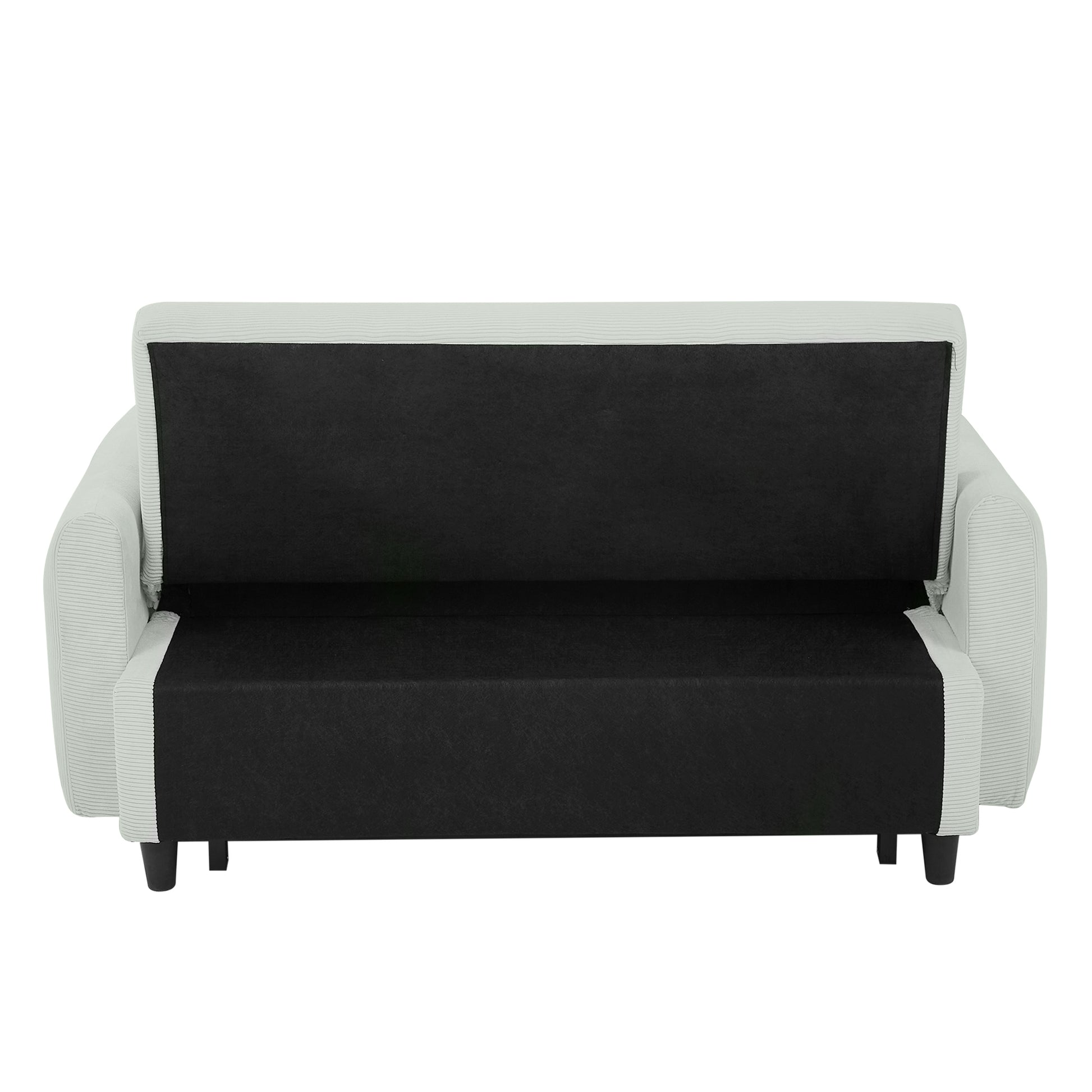 Light grey corduroy sofa with exposed black base and short black legs