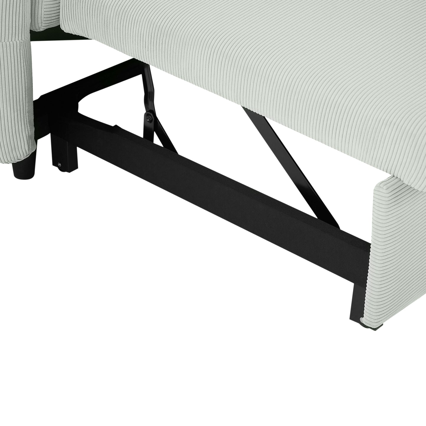 Light grey corduroy sofa armrest and black metal frame detail