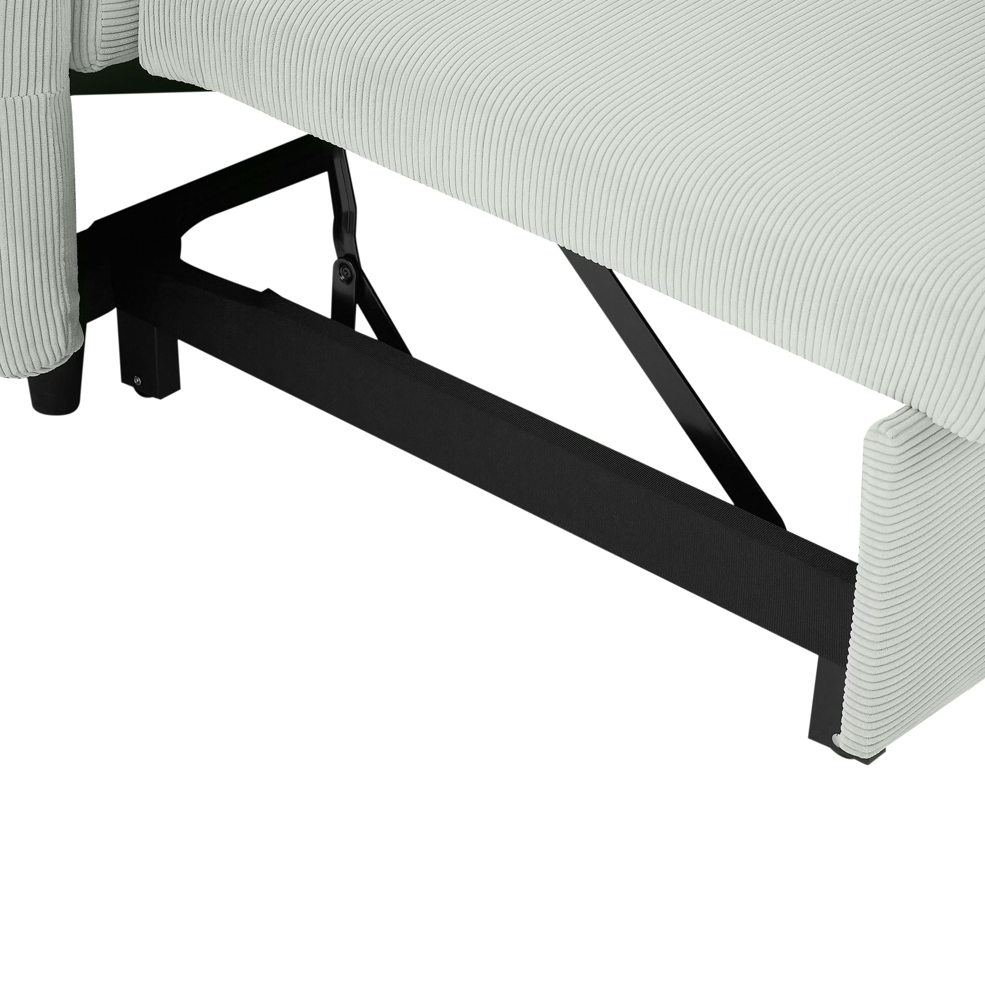Light grey corduroy sofa armrest and black metal frame detail