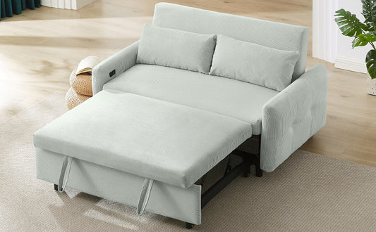 Light blue striped convertible sofa bed with pullout section for versatile living space