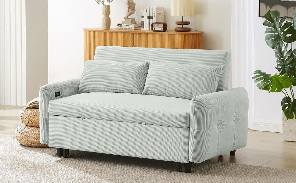 Light gray corduroy sofa bed with two plush throw pillows modern living room furniture