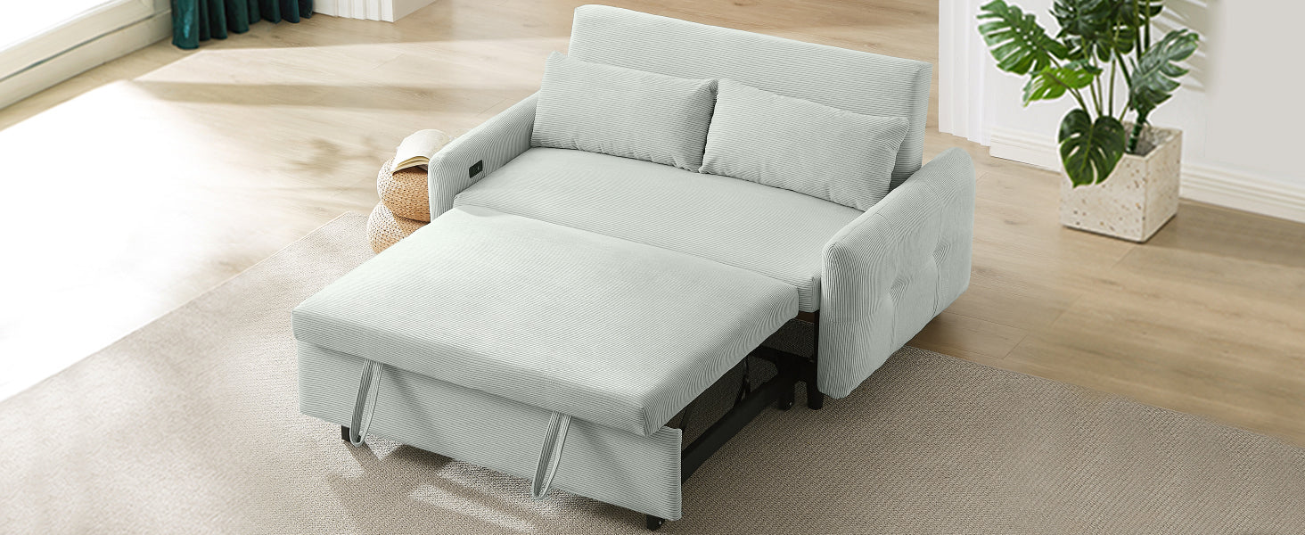 Light grey corduroy sofa bed with pullout ottoman for versatile seating