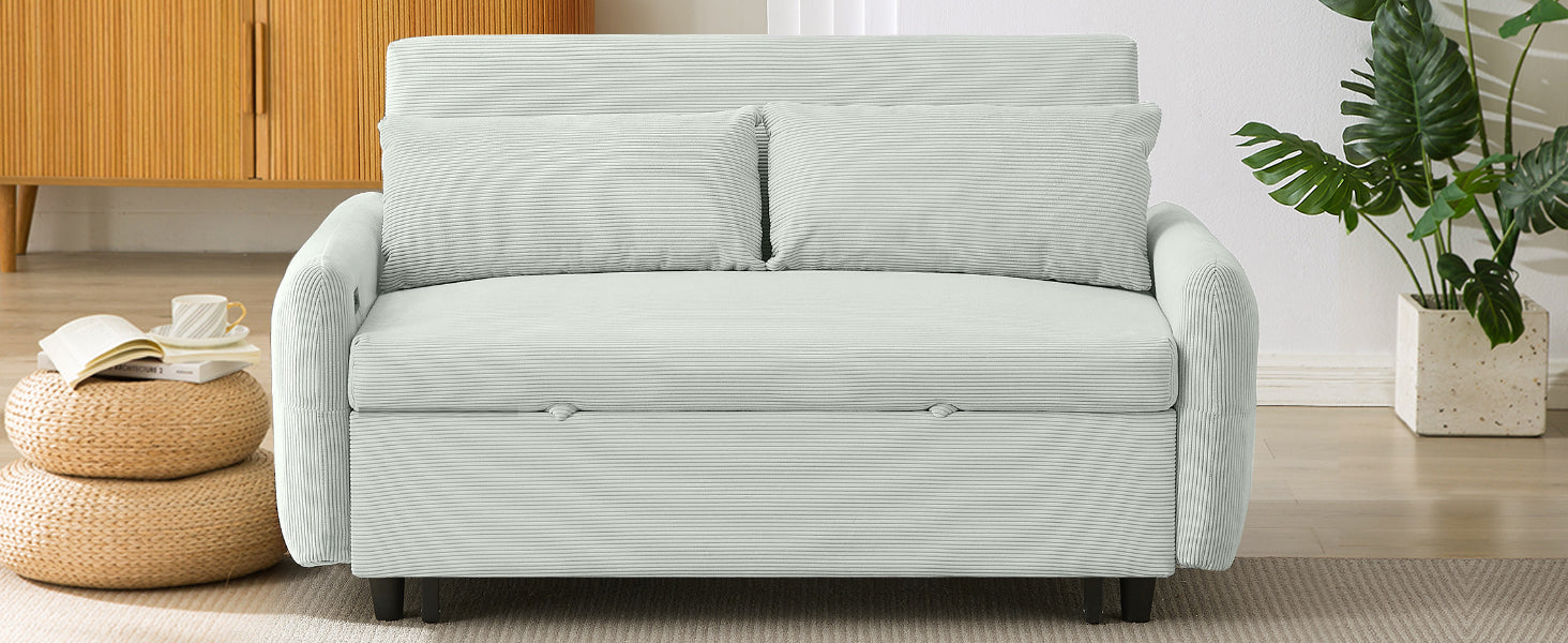 Light gray corduroy loveseat sofa with two striped throw pillows ideal for small living spaces