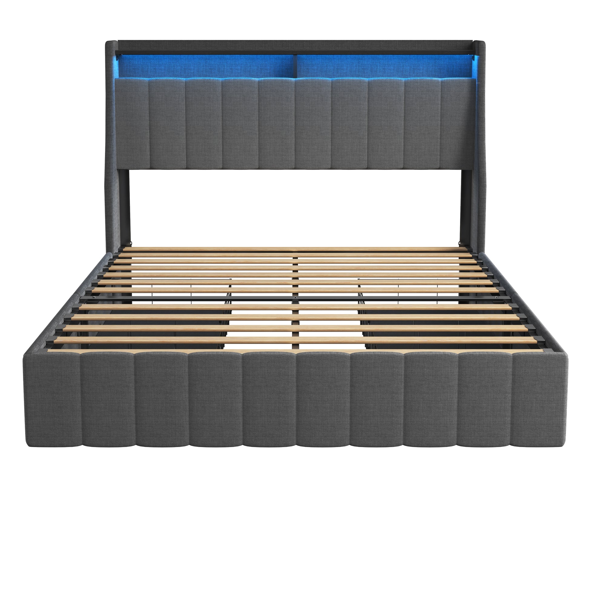 Upholstered grey bed frame with integrated blue LED headboard lighting and wooden slats